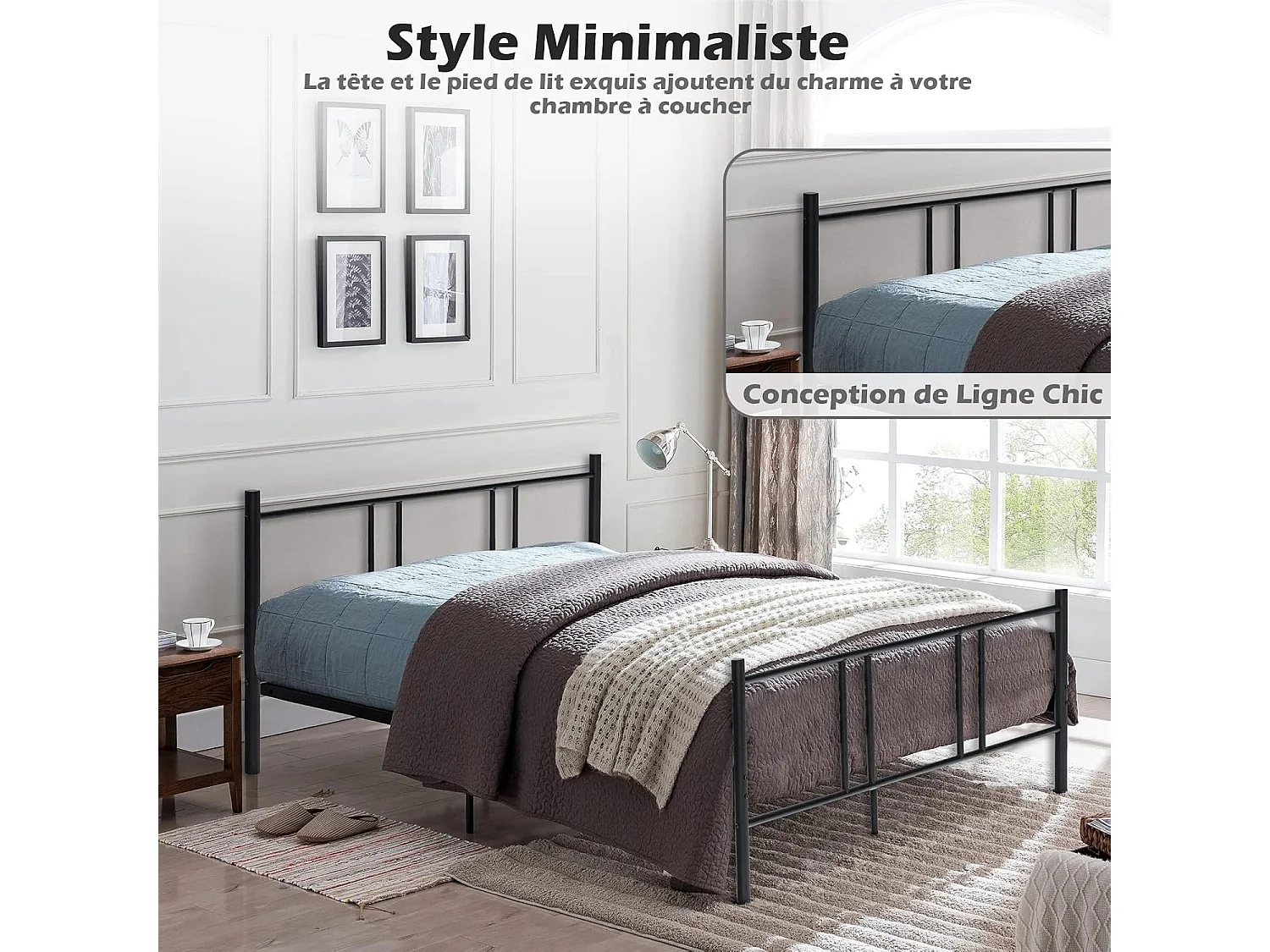 Lit Double pour Adulte - Cadre de Lit en Métal - 160 x 200 CM - 9 pieds de Support - pas de Sommier Nécessaire - sans Bruit