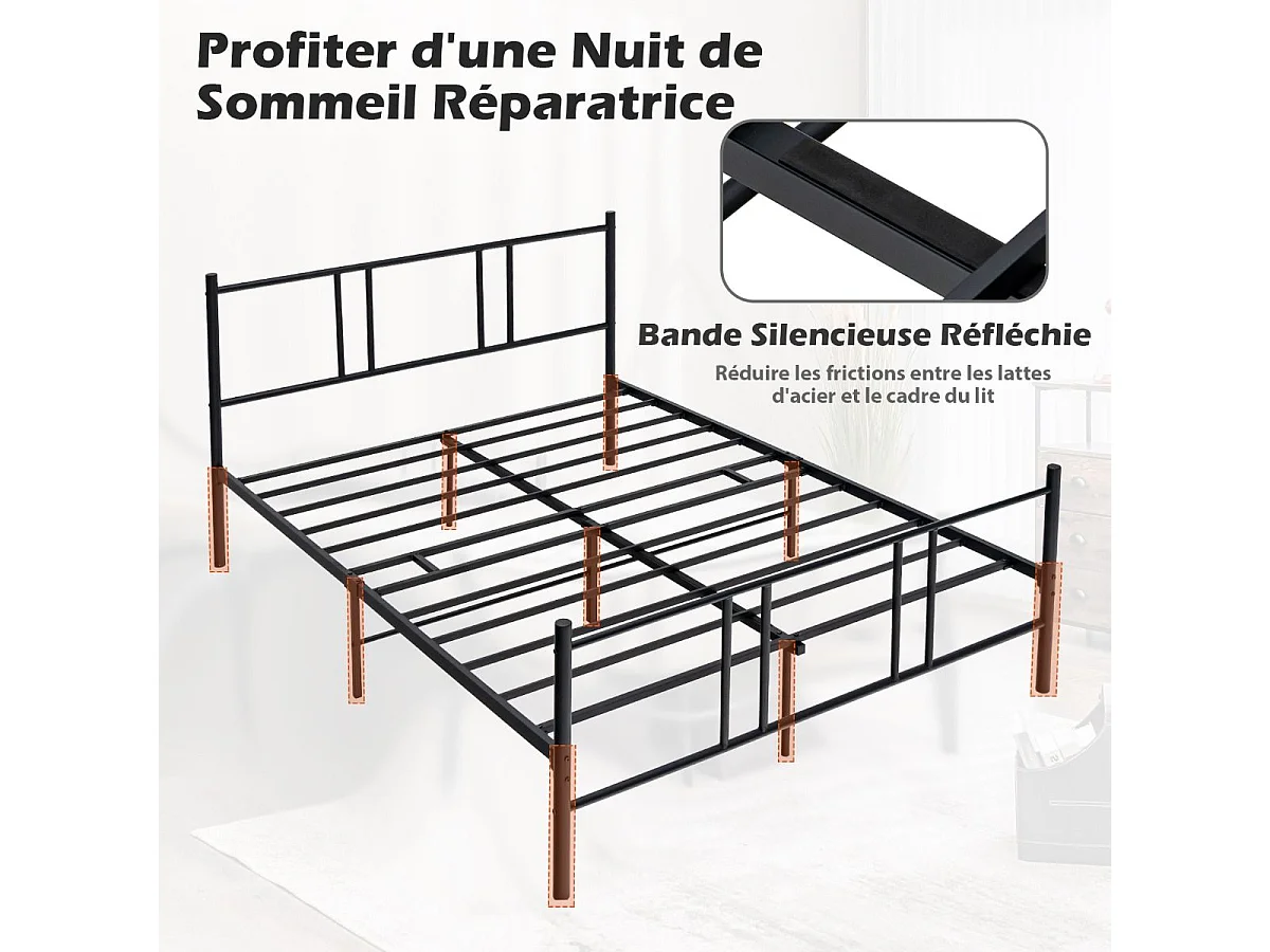 Lit Double pour Adulte - Cadre de Lit en Métal - 160 x 200 CM - 9 pieds de Support - pas de Sommier Nécessaire - sans Bruit
