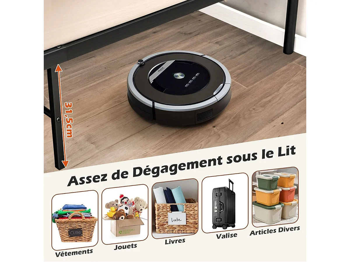 Lit Double pour Adulte - Cadre de Lit en Métal - 160 x 200 CM - 9 pieds de Support - pas de Sommier Nécessaire - sans Bruit