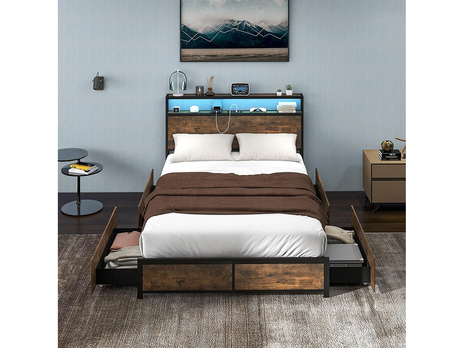 Cadre de Lit 140x200CM pour Adulte avec Éclairage LED et 2 Ports & Prise de Courantet, Sommier à Latte en Métal avec 4 Tiroirs à roulettes, Mode Musique