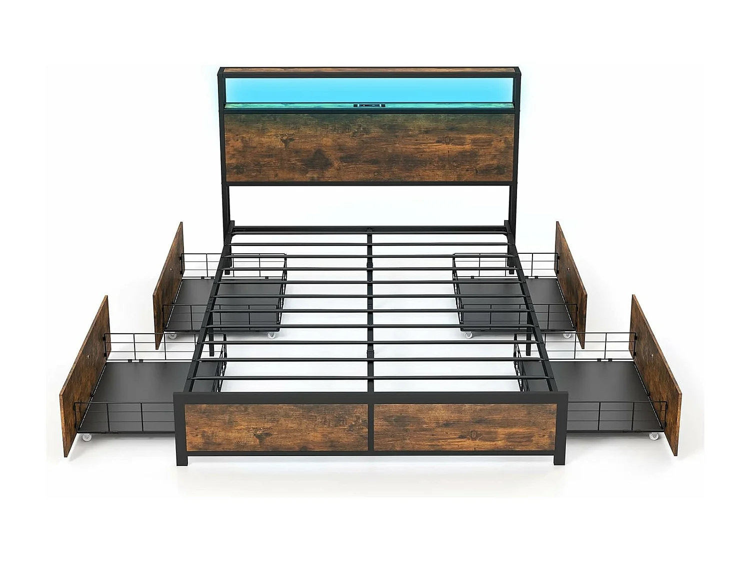 Cadre de Lit 140x200CM pour Adulte avec Éclairage LED et 2 Ports & Prise de Courantet, Sommier à Latte en Métal avec 4 Tiroirs à roulettes, Mode Musique