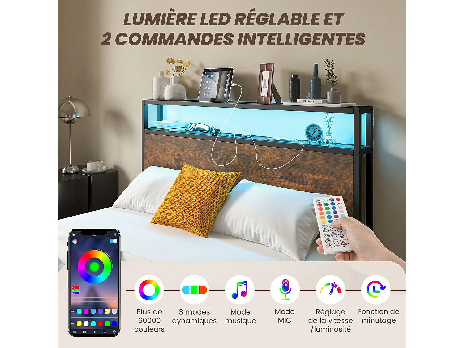 Cadre de Lit 140x200CM pour Adulte avec Éclairage LED et 2 Ports & Prise de Courantet, Sommier à Latte en Métal avec 4 Tiroirs à roulettes, Mode Musique