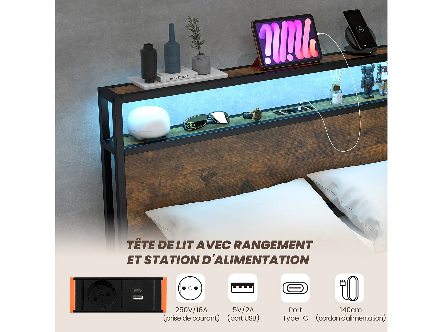 Cadre de Lit 140x200CM pour Adulte avec Éclairage LED et 2 Ports & Prise de Courantet, Sommier à Latte en Métal avec 4 Tiroirs à roulettes, Mode Musique
