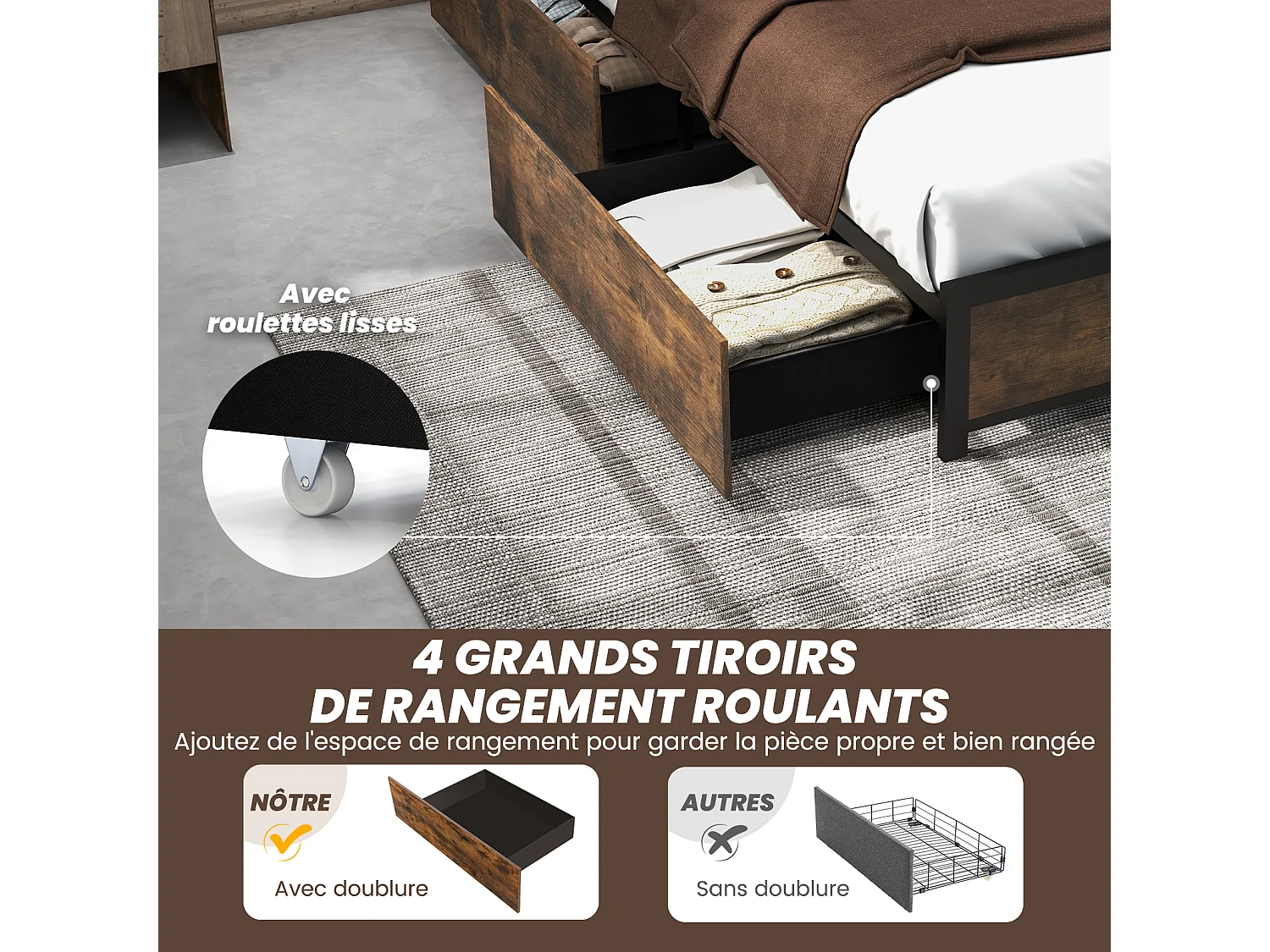 Cadre de Lit 140x200CM pour Adulte avec Éclairage LED et 2 Ports & Prise de Courantet, Sommier à Latte en Métal avec 4 Tiroirs à roulettes, Mode Musique