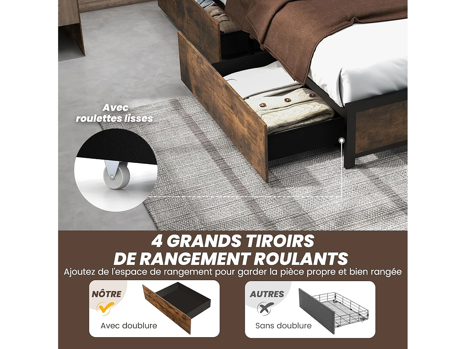 Cadre de Lit 140x200CM pour Adulte avec Éclairage LED et 2 Ports & Prise de Courantet, Sommier à Latte en Métal avec 4 Tiroirs à roulettes, Mode Musique