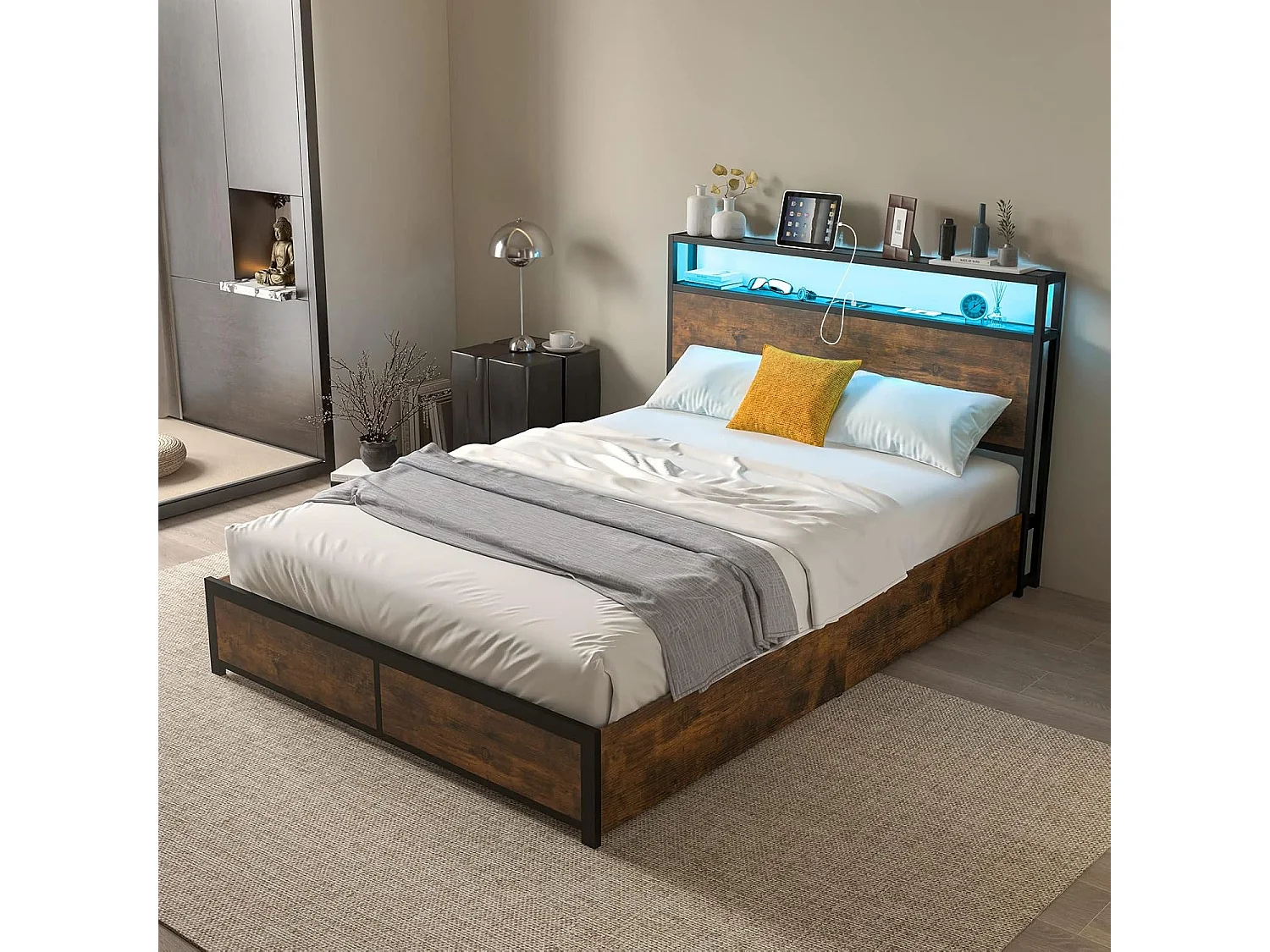 Cadre de Lit 140x200CM pour Adulte avec Éclairage LED et 2 Ports & Prise de Courantet, Sommier à Latte en Métal avec 4 Tiroirs à roulettes, Mode Musique