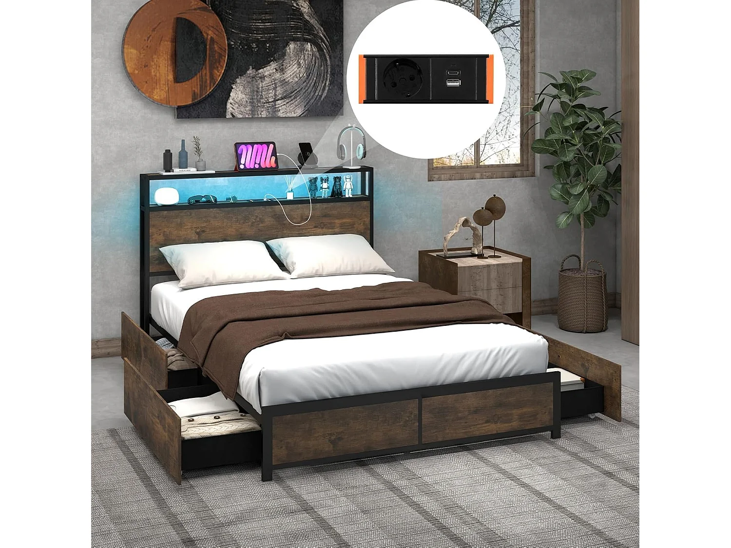 Cadre de Lit 140x200CM pour Adulte avec Éclairage LED et 2 Ports & Prise de Courantet, Sommier à Latte en Métal avec 4 Tiroirs à roulettes, Mode Musique