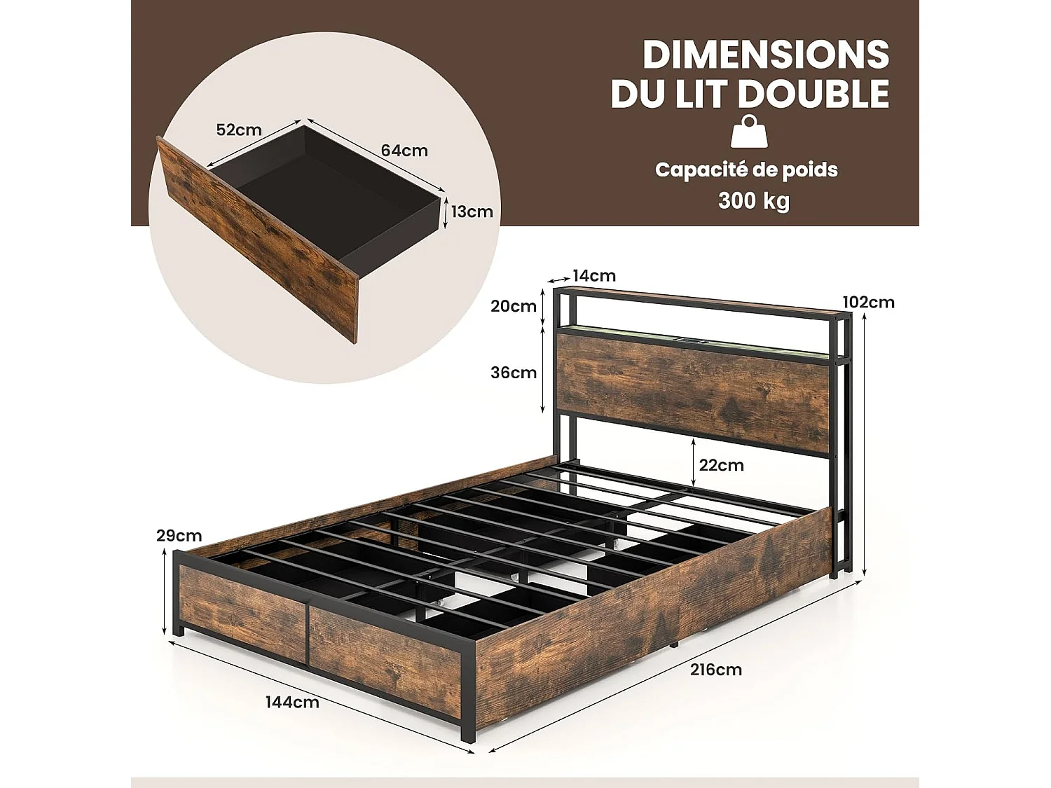 Cadre de Lit 140x200CM pour Adulte avec Éclairage LED et 2 Ports & Prise de Courantet, Sommier à Latte en Métal avec 4 Tiroirs à roulettes, Mode Musique