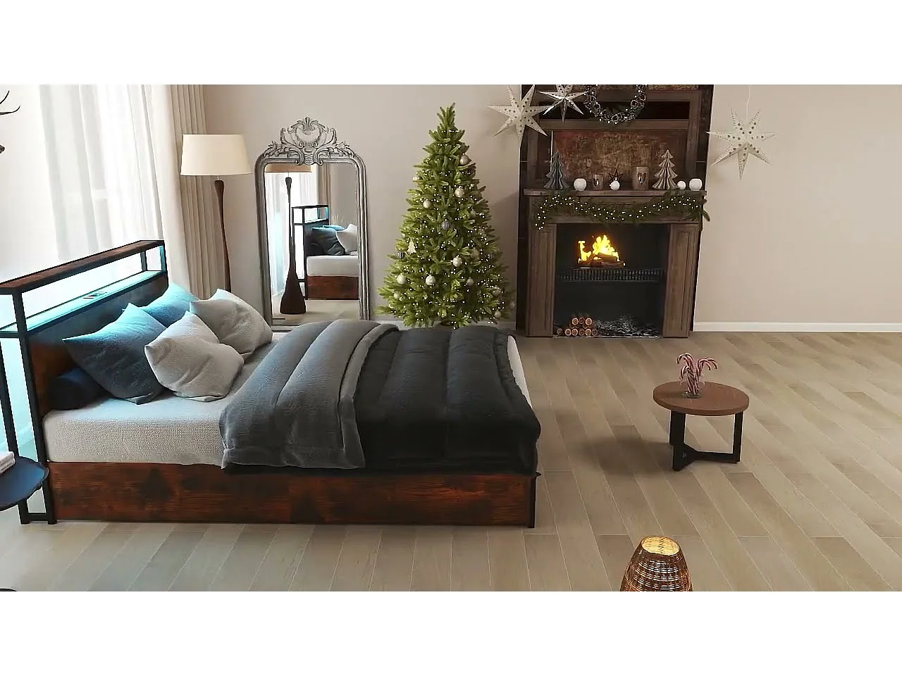 Cadre de Lit 140x200CM pour Adulte avec Éclairage LED et 2 Ports & Prise de Courantet, Sommier à Latte en Métal avec 4 Tiroirs à roulettes, Mode Musique