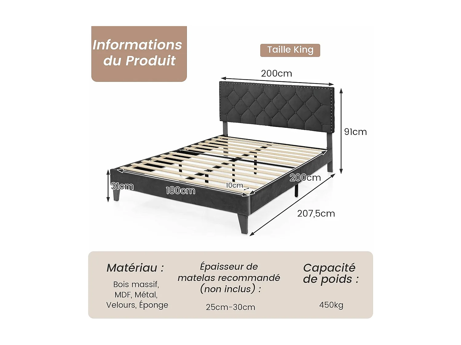 Lit Double Scandinave pour Adulte 180 x 200 CM Structure de Lit avec Tête de Lit, Sommier à Lattes et Repose-pieds réglables