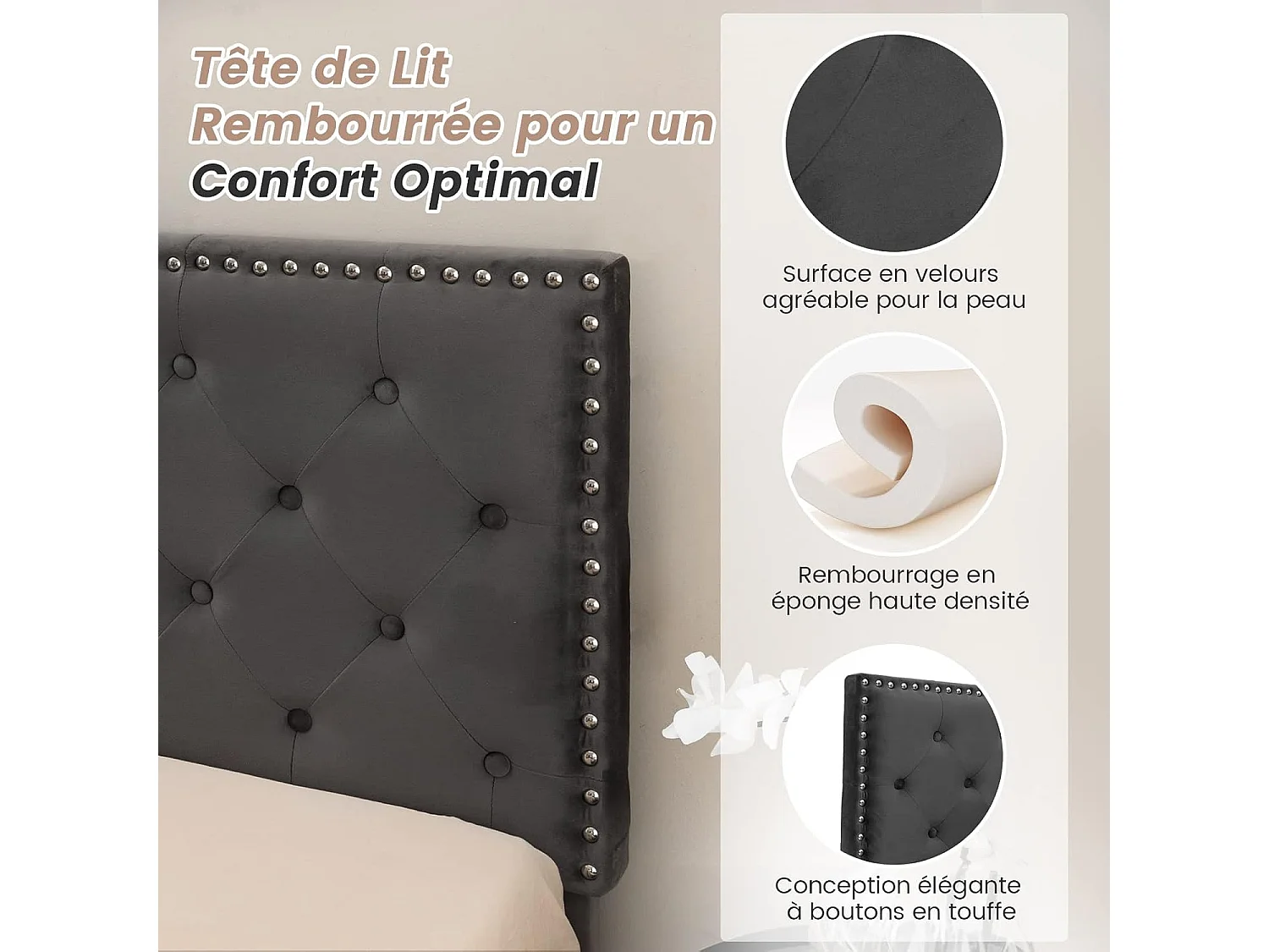 Lit Double Scandinave pour Adulte 180 x 200 CM Structure de Lit avec Tête de Lit, Sommier à Lattes et Repose-pieds réglables