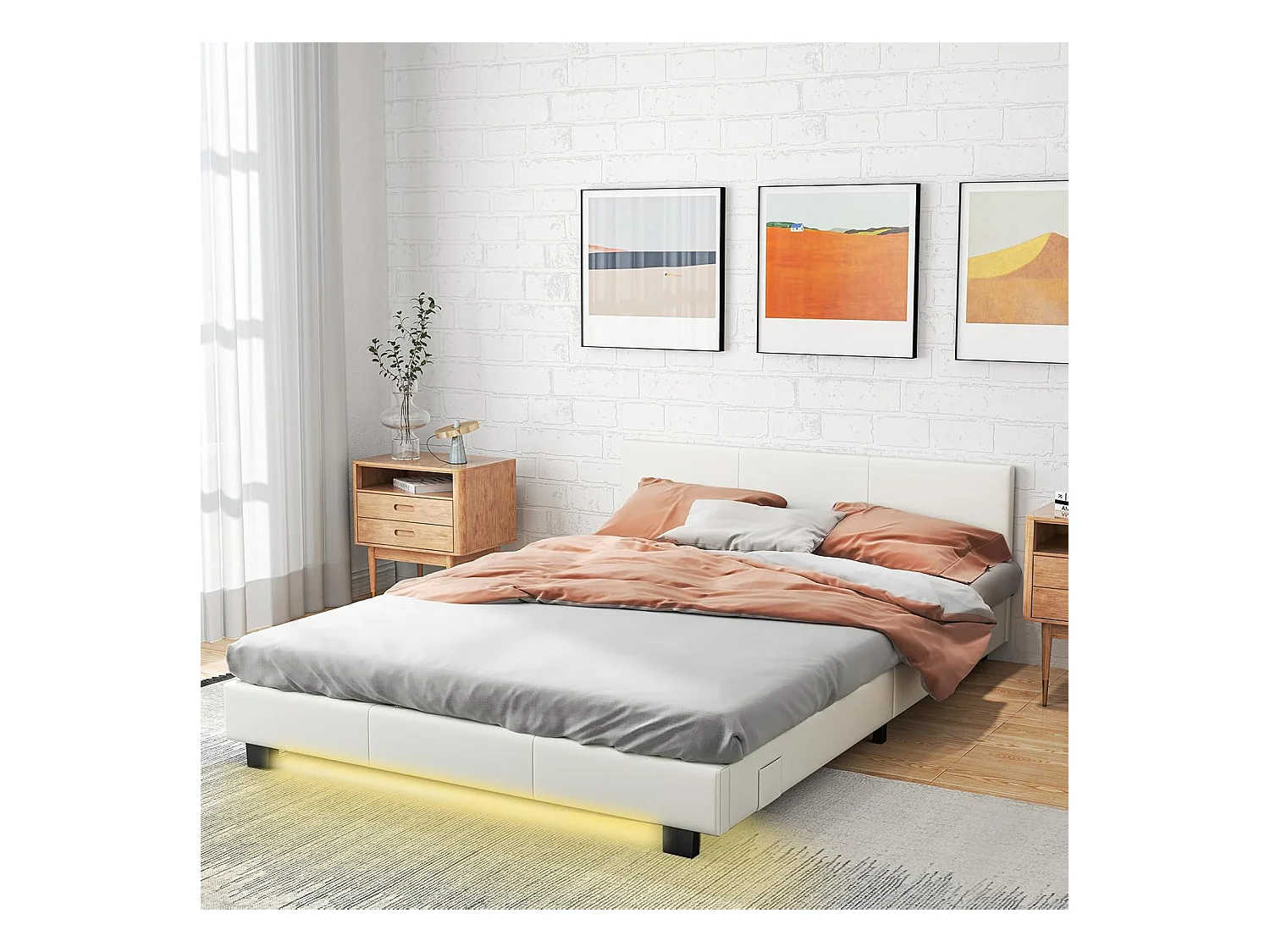 Cadre de Lit en Simili Cuir avec LED, Cadre de Lit Plate-Forme Capitonné avec Tête de Lit, Support à Latte et Télécommande, pour Matelas Double 200x140x15-25 cm