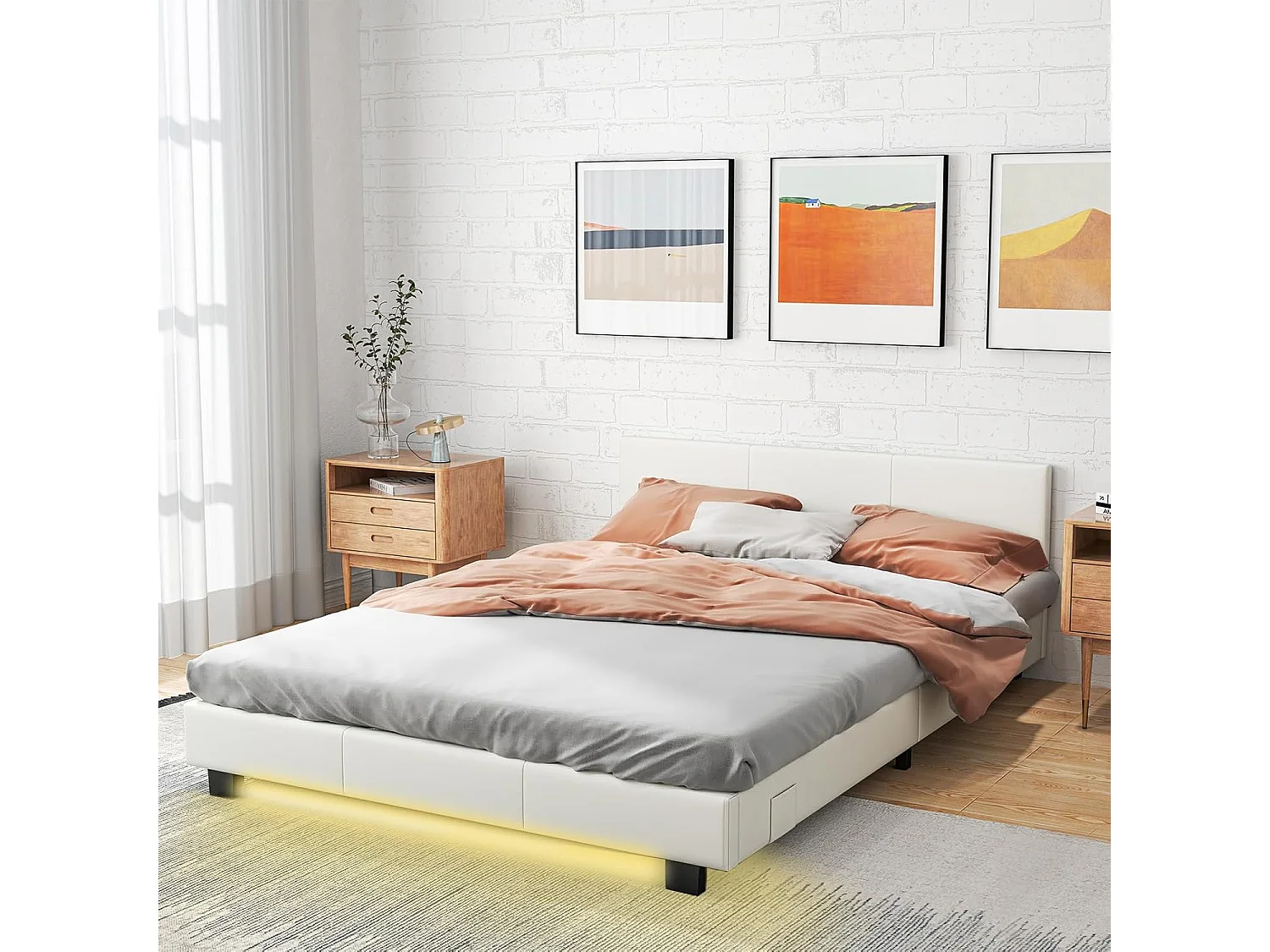 Cadre de Lit en Simili Cuir avec LED, Cadre de Lit Plate-Forme Capitonné avec Tête de Lit, Support à Latte et Télécommande, pour Matelas Double 200x140x15-25 cm