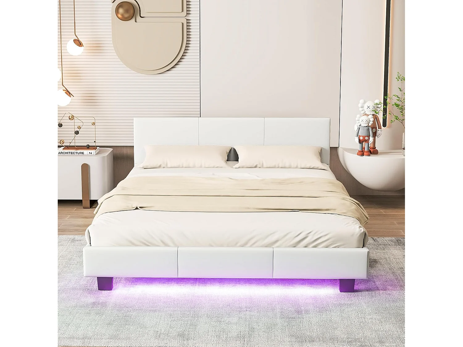 Cadre de Lit en Simili Cuir avec LED, Cadre de Lit Plate-Forme Capitonné avec Tête de Lit, Support à Latte et Télécommande, pour Matelas Double 200x140x15-25 cm