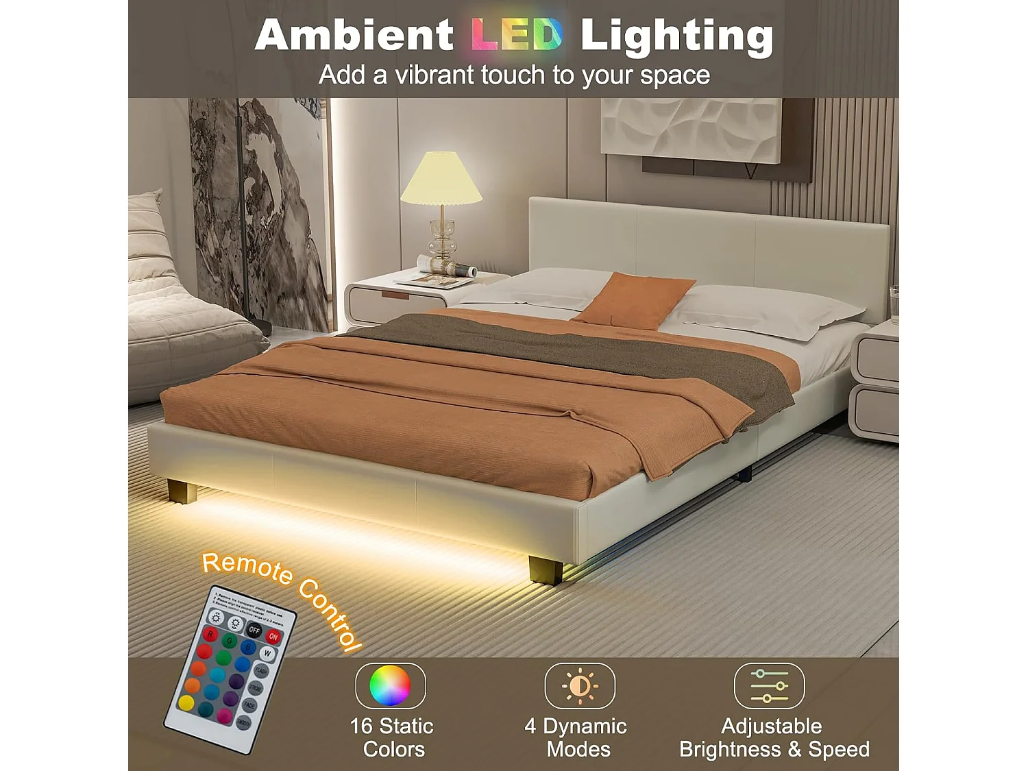 Cadre de Lit en Simili Cuir avec LED, Cadre de Lit Plate-Forme Capitonné avec Tête de Lit, Support à Latte et Télécommande, pour Matelas Double 200x140x15-25 cm