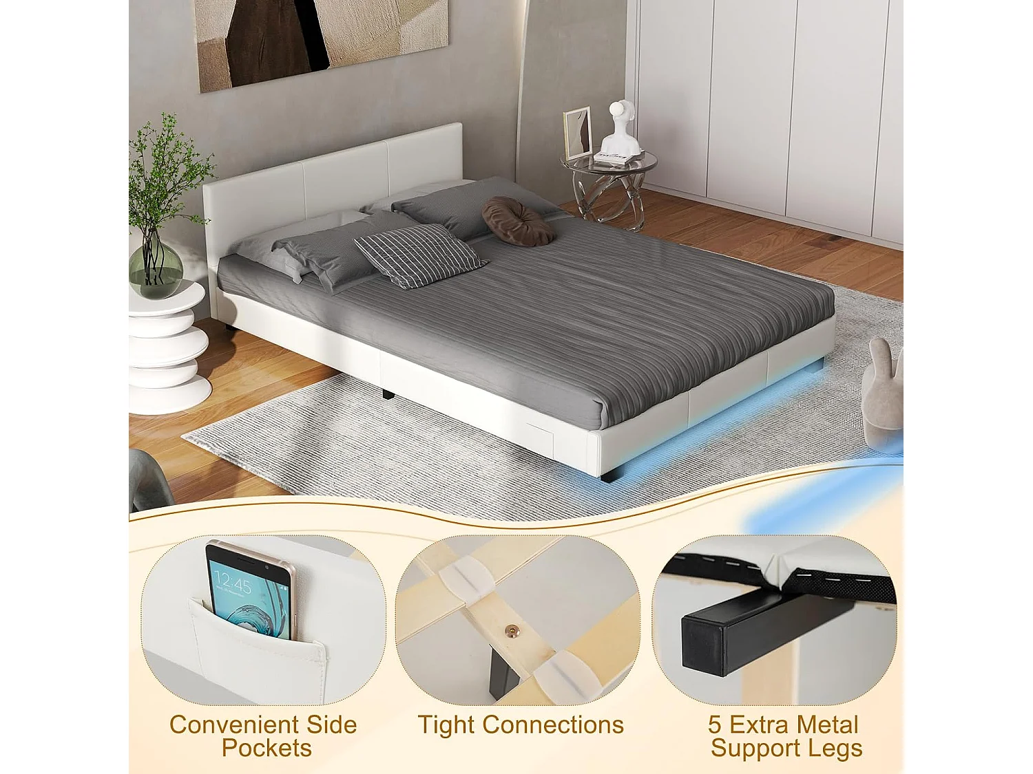 Cadre de Lit en Simili Cuir avec LED, Cadre de Lit Plate-Forme Capitonné avec Tête de Lit, Support à Latte et Télécommande, pour Matelas Double 200x140x15-25 cm