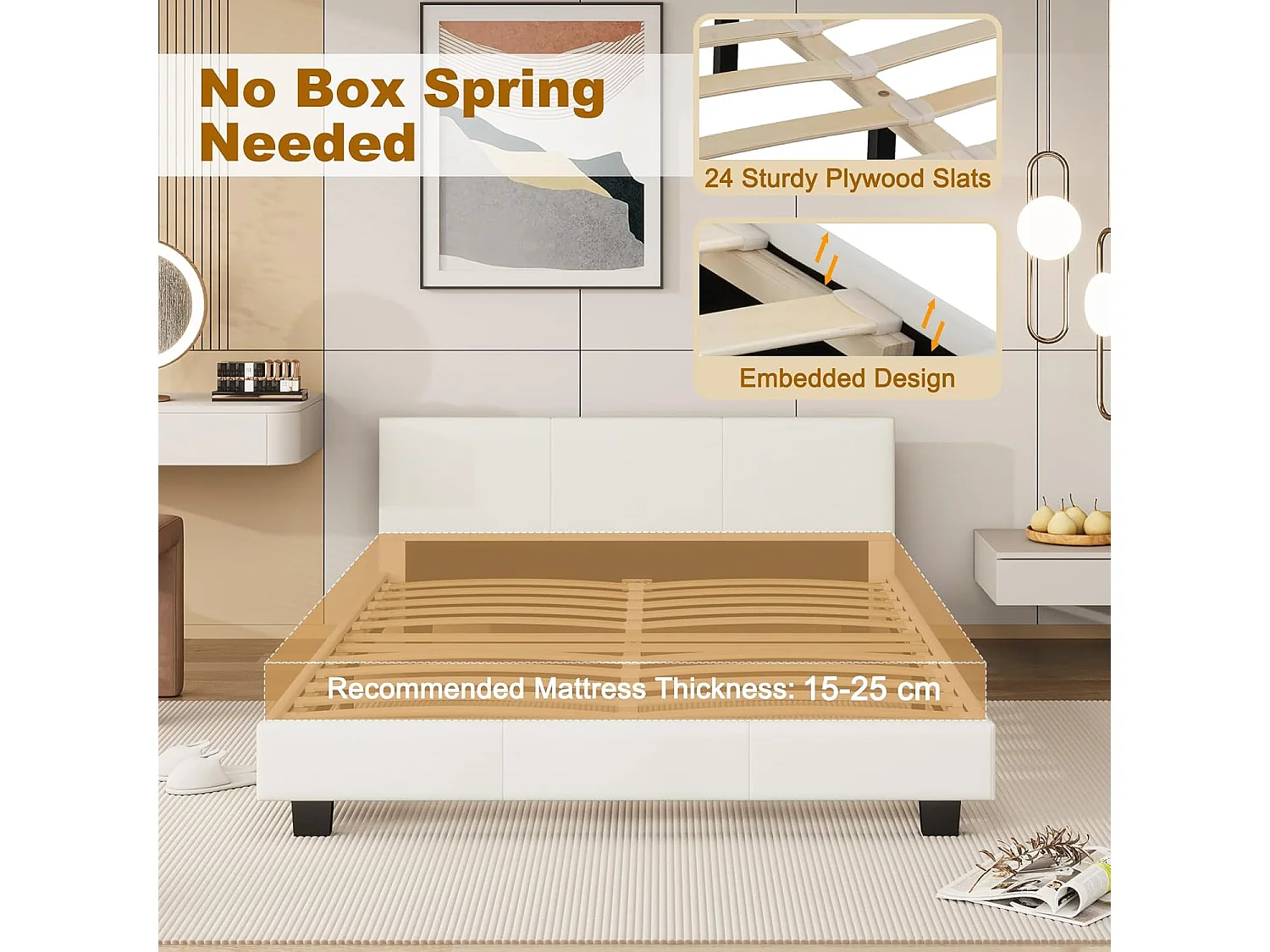 Cadre de Lit en Simili Cuir avec LED, Cadre de Lit Plate-Forme Capitonné avec Tête de Lit, Support à Latte et Télécommande, pour Matelas Double 200x140x15-25 cm