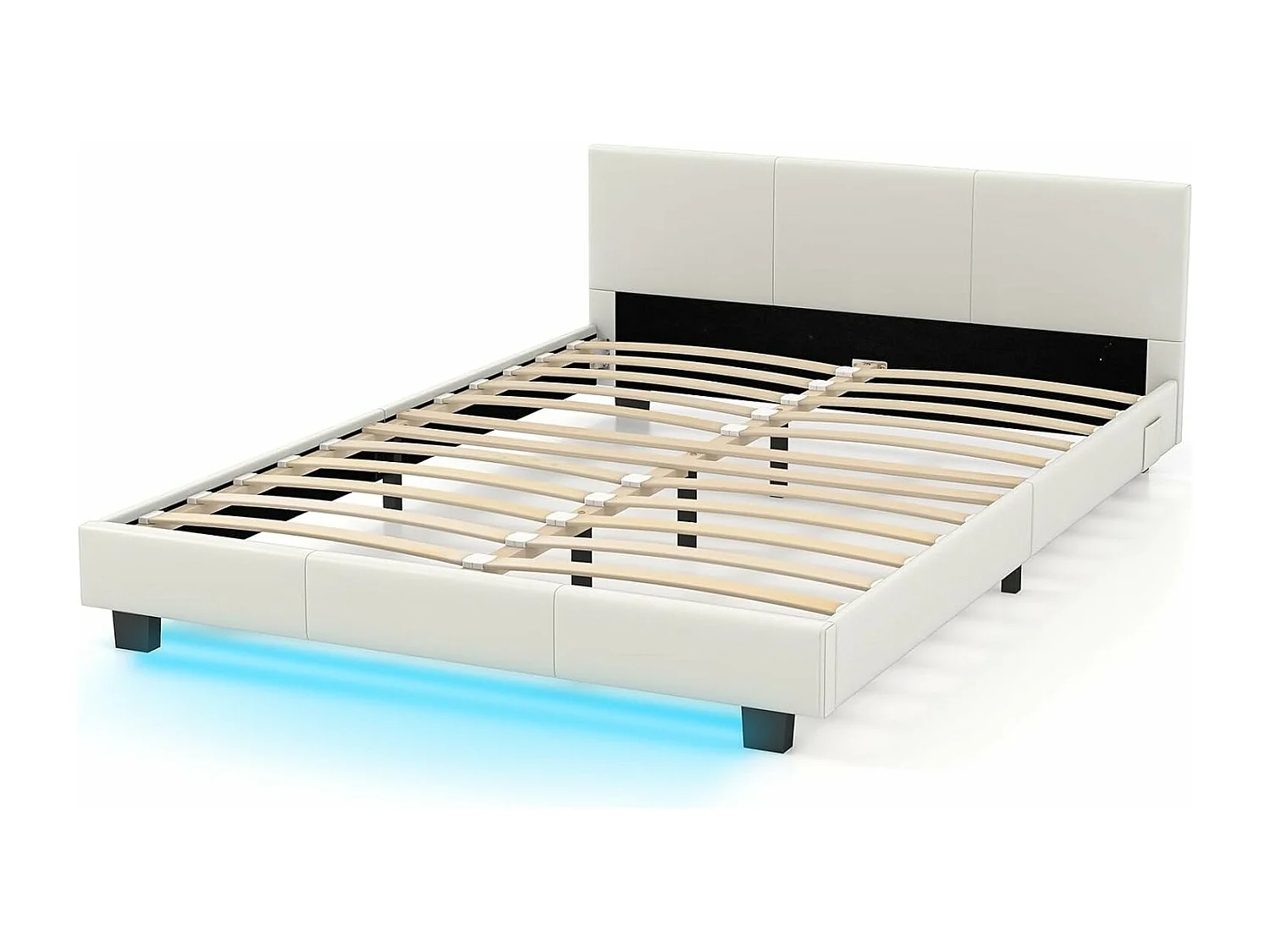 Cadre de Lit en Simili Cuir avec LED, Cadre de Lit Plate-Forme Capitonné avec Tête de Lit, Support à Latte et Télécommande, pour Matelas Double 200x140x15-25 cm