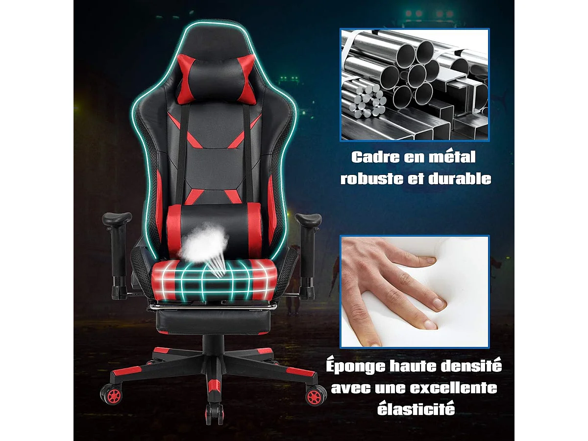 Chaise Gaming RVB , Fauteuil Gamer Éclairage LED 358 Effets en PU avec Dossier, Hauteur et Repose Pieds Réglable Rouge