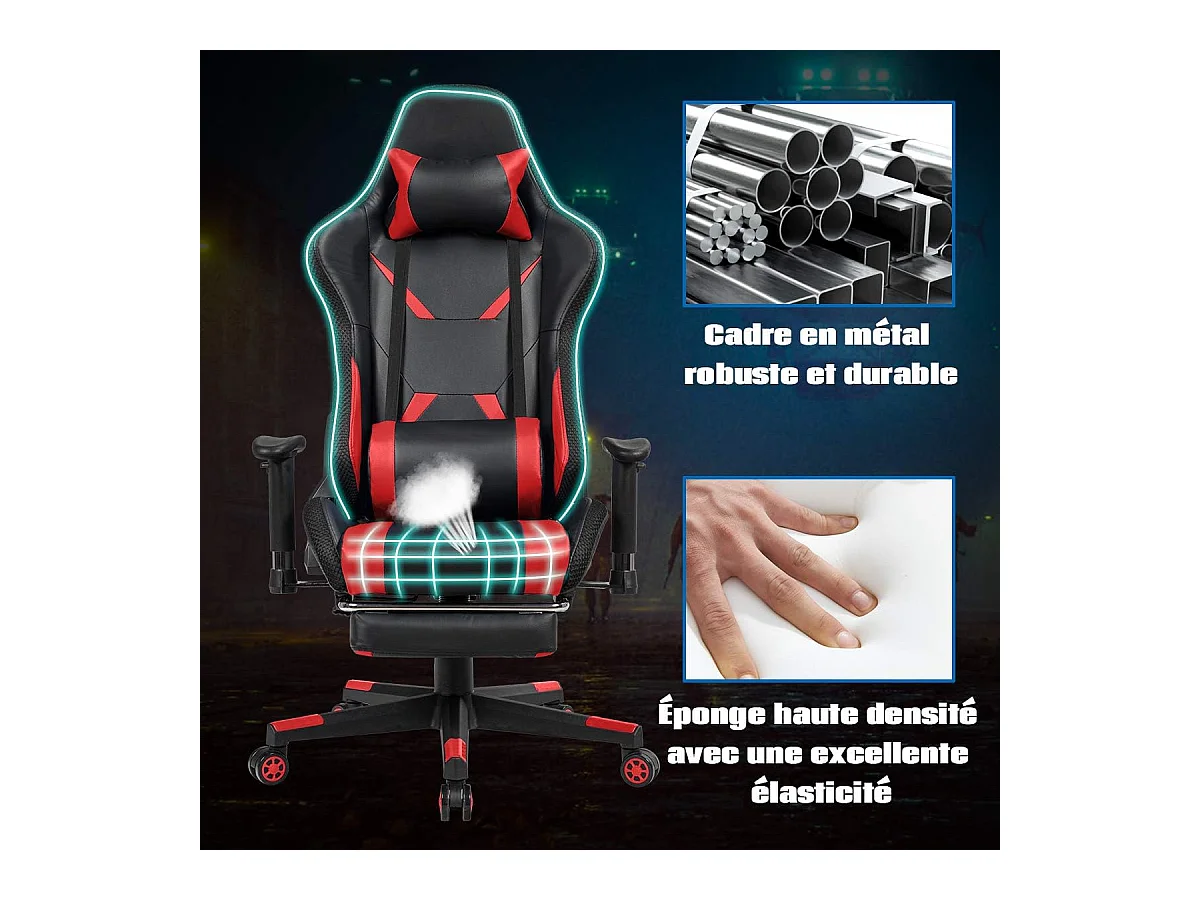 Chaise Gaming RVB , Fauteuil Gamer Éclairage LED 358 Effets en PU avec Dossier, Hauteur et Repose Pieds Réglable Rouge