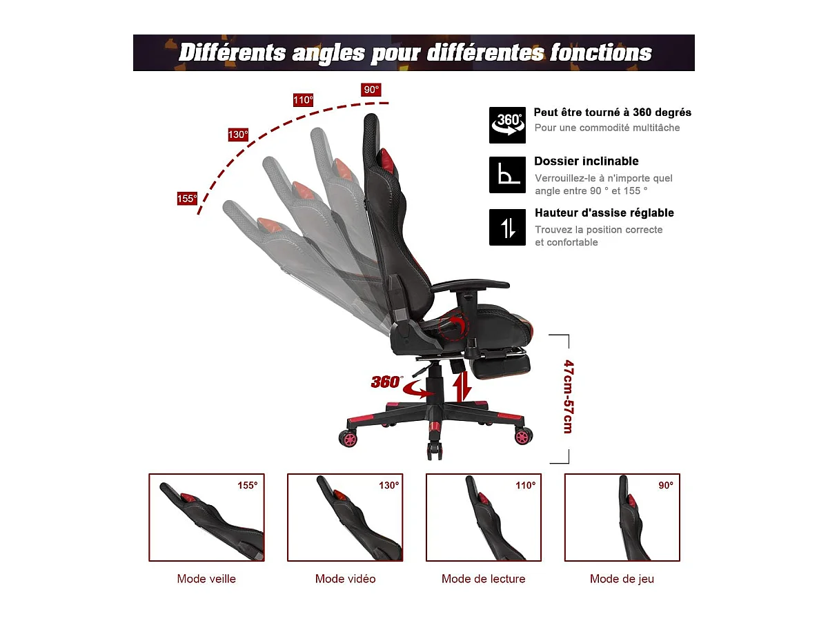 Chaise Gaming RVB , Fauteuil Gamer Éclairage LED 358 Effets en PU avec Dossier, Hauteur et Repose Pieds Réglable Rouge