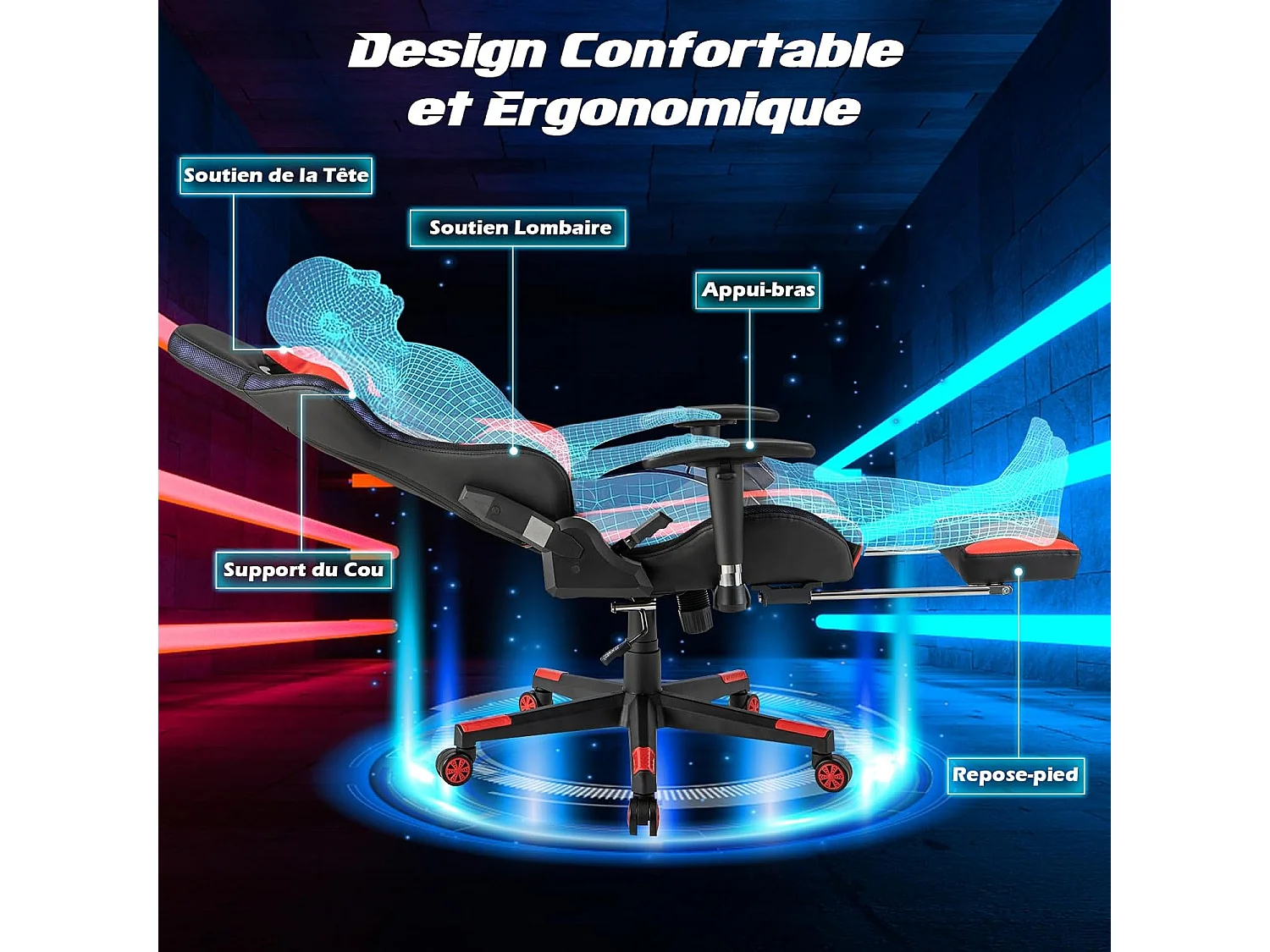 Chaise Gaming RGB/LED, Chaise Gamer Ergonomique avec Soutien Lombaire, Fauteuil Gamer avec Accoudoir Réglable, Appui-tête (Rouge)