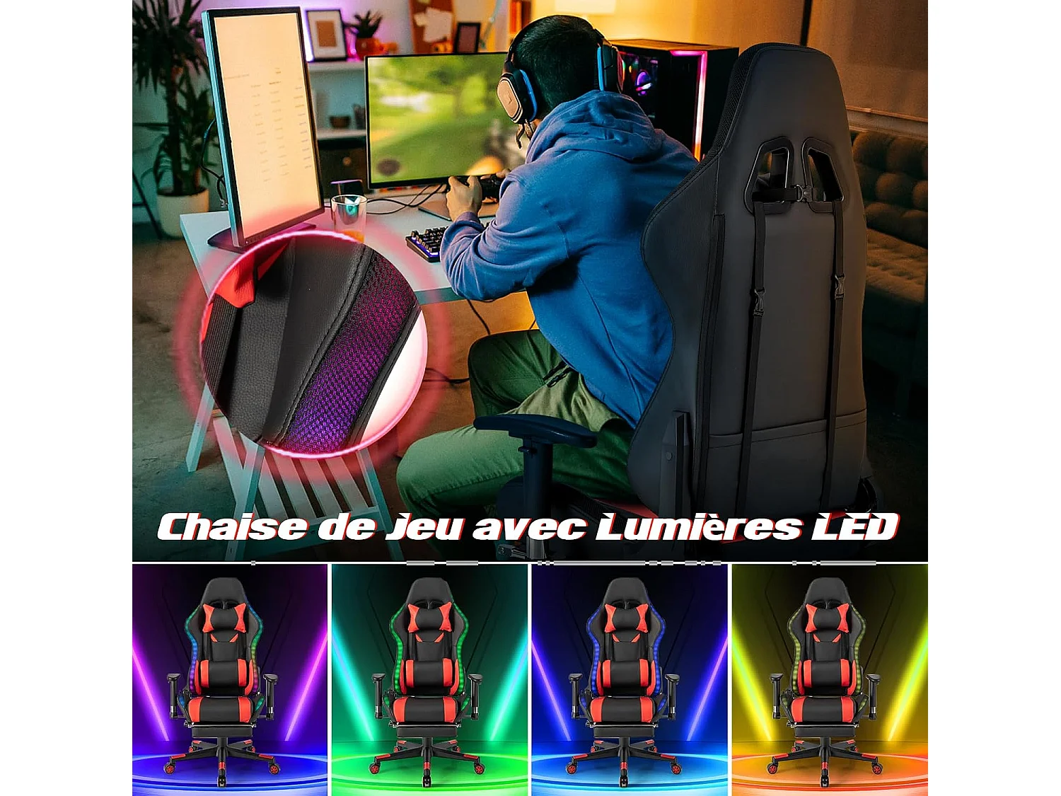 Chaise Gaming RGB/LED, Chaise Gamer Ergonomique avec Soutien Lombaire, Fauteuil Gamer avec Accoudoir Réglable, Appui-tête (Rouge)
