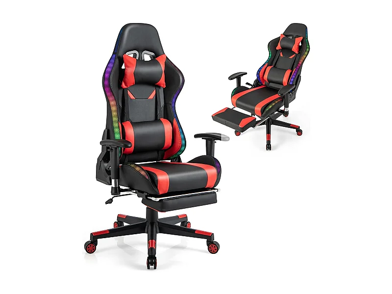 RGB/LED gamingstoel, ergonomische gamestoel met lendensteun, gamingstoel met verstelbare armleuningen en hoofdsteun (rood)