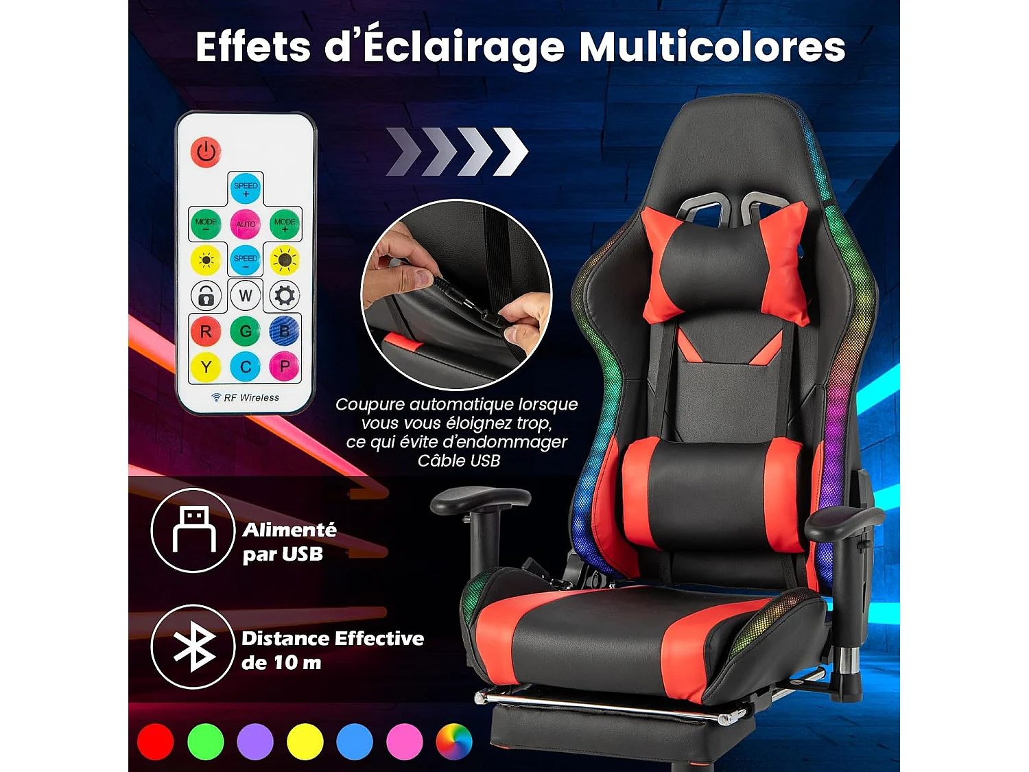 Chaise Gaming RGB/LED, Chaise Gamer Ergonomique avec Soutien Lombaire, Fauteuil Gamer avec Accoudoir Réglable, Appui-tête (Rouge)