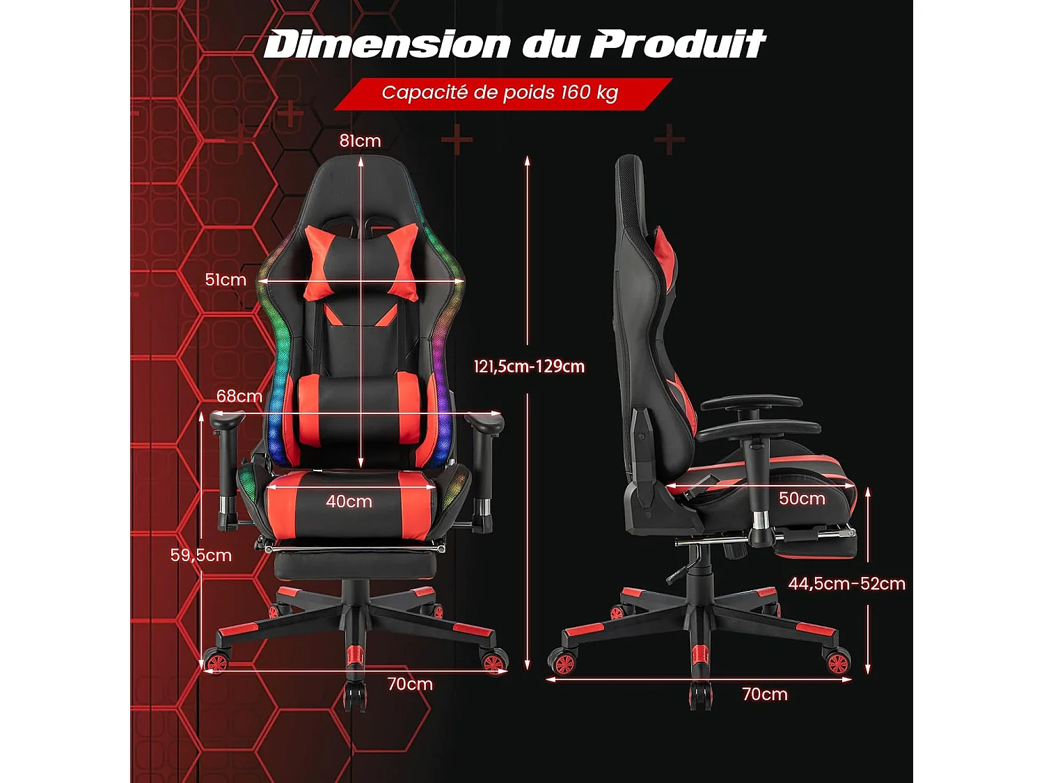 Chaise Gaming RGB/LED, Chaise Gamer Ergonomique avec Soutien Lombaire, Fauteuil Gamer avec Accoudoir Réglable, Appui-tête (Rouge)