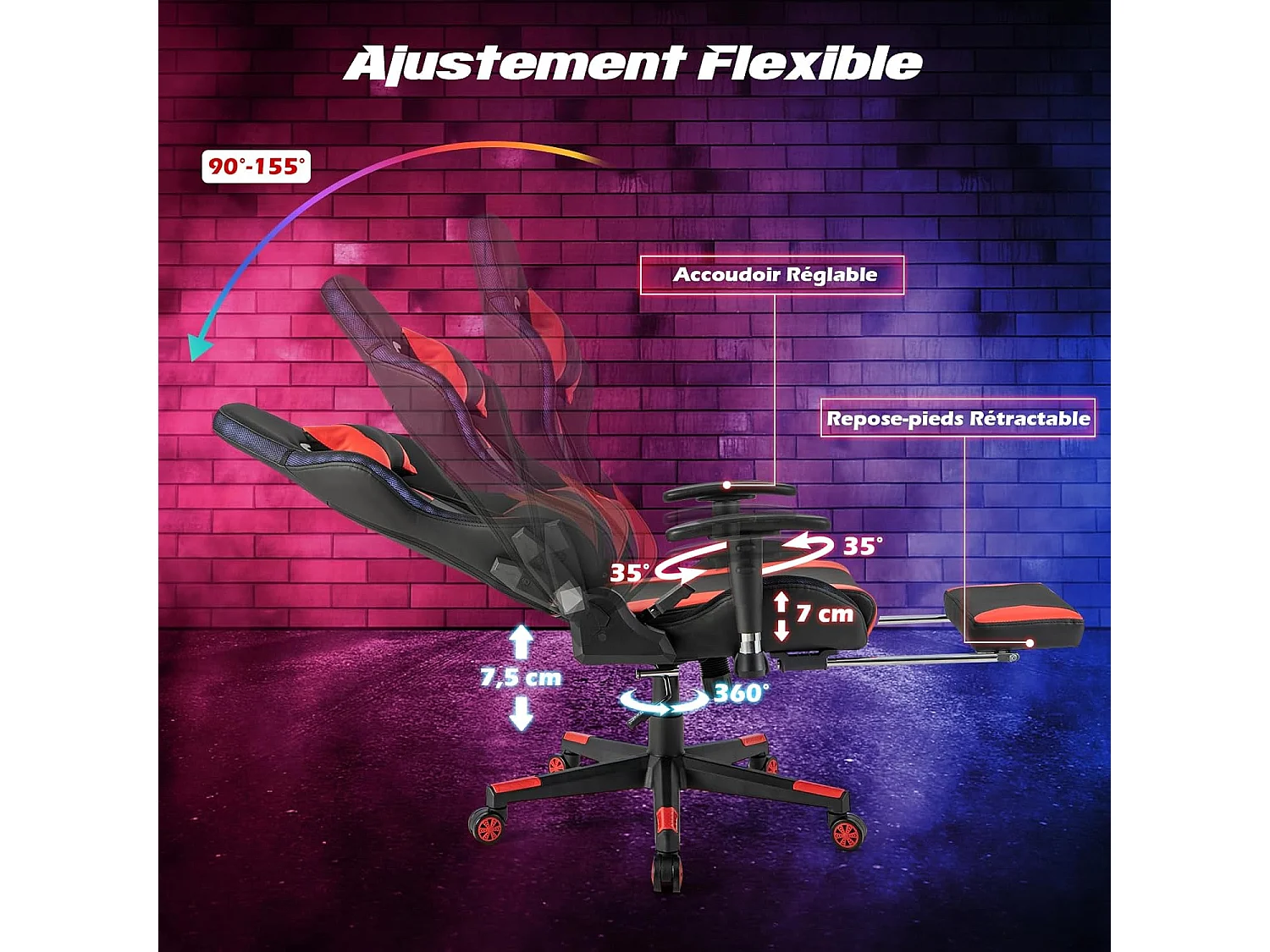 Chaise Gaming RGB/LED, Chaise Gamer Ergonomique avec Soutien Lombaire, Fauteuil Gamer avec Accoudoir Réglable, Appui-tête (Rouge)