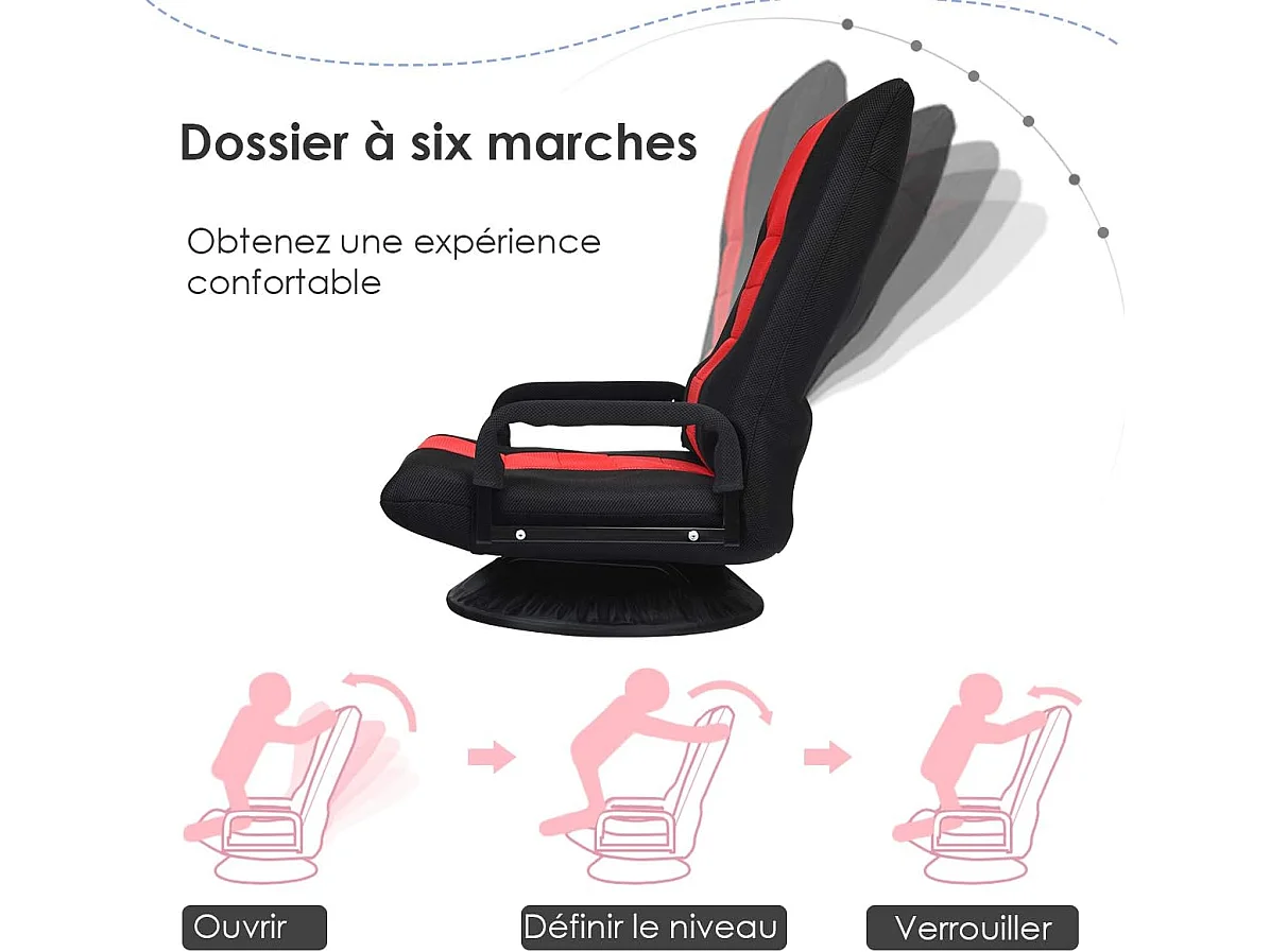 Chaise de Jeu Pivotante 360 Degrés, Chaise Pliante Ajustable en 6 Positions, Dossier Rembourré Confortable (Rouge)