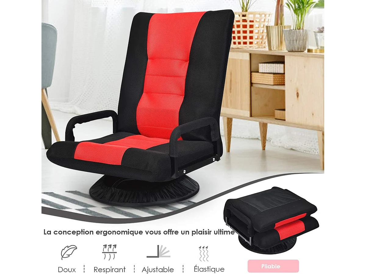 Chaise de Jeu Pivotante 360 Degrés, Chaise Pliante Ajustable en 6 Positions, Dossier Rembourré Confortable (Rouge)