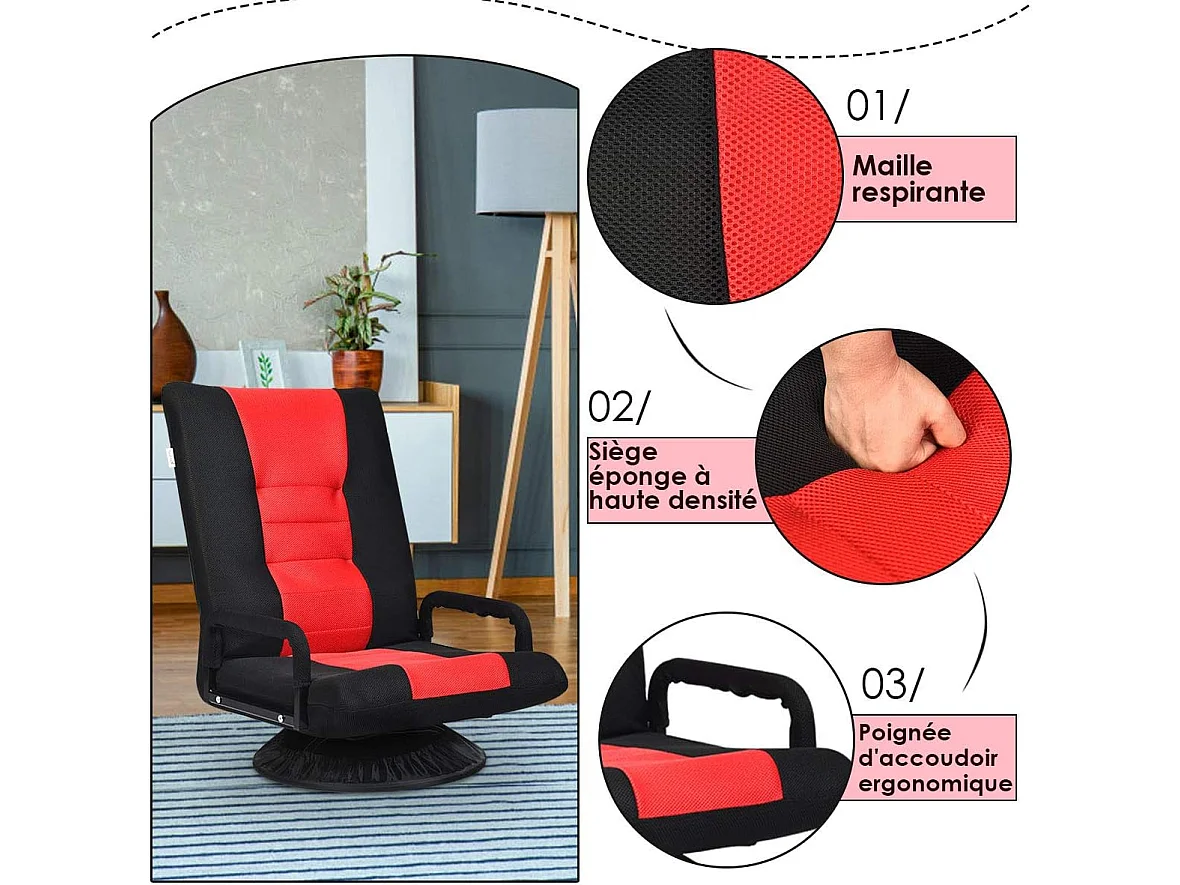 Chaise de Jeu Pivotante 360 Degrés, Chaise Pliante Ajustable en 6 Positions, Dossier Rembourré Confortable (Rouge)