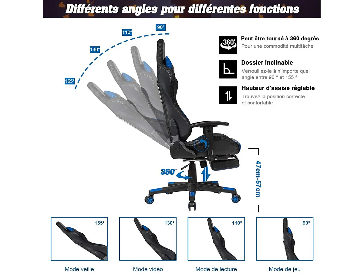 Chaise Gaming RVB , Fauteuil Gamer Éclairage LED 358 Effets en PU avec Dossier, Hauteur et Repose Pieds Réglable Bleu