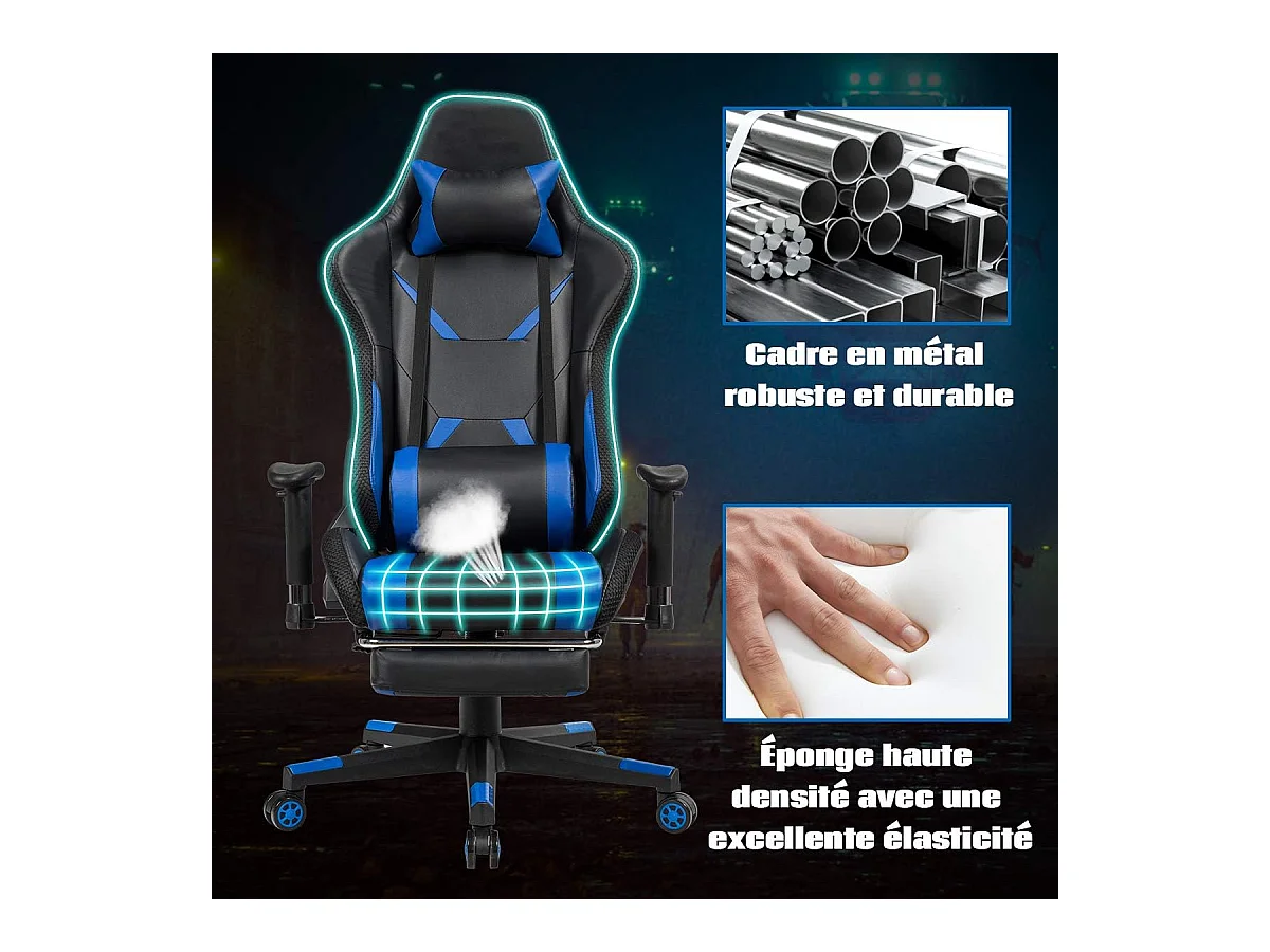 Chaise Gaming RVB , Fauteuil Gamer Éclairage LED 358 Effets en PU avec Dossier, Hauteur et Repose Pieds Réglable Bleu