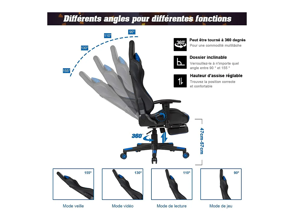 Chaise Gaming RVB , Fauteuil Gamer Éclairage LED 358 Effets en PU avec Dossier, Hauteur et Repose Pieds Réglable Bleu