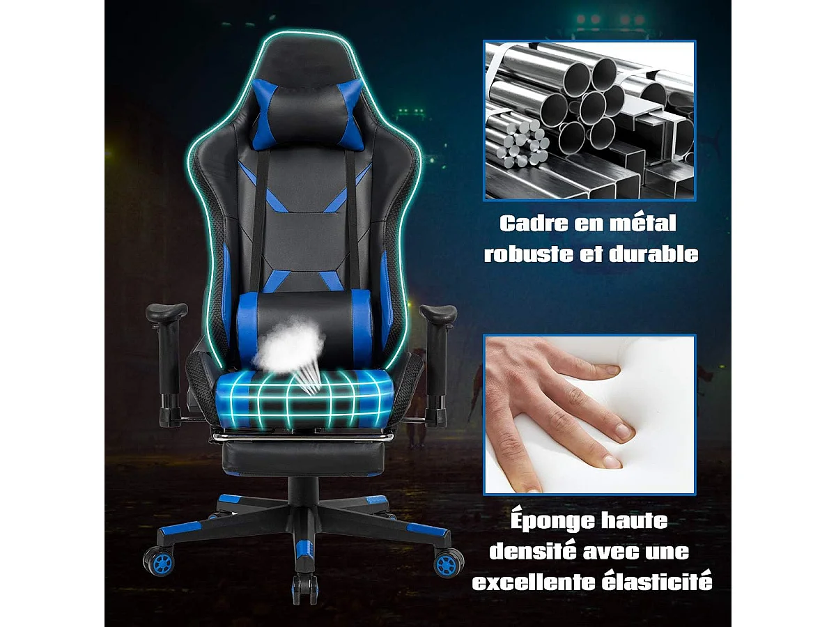 Chaise Gaming RVB , Fauteuil Gamer Éclairage LED 358 Effets en PU avec Dossier, Hauteur et Repose Pieds Réglable Bleu