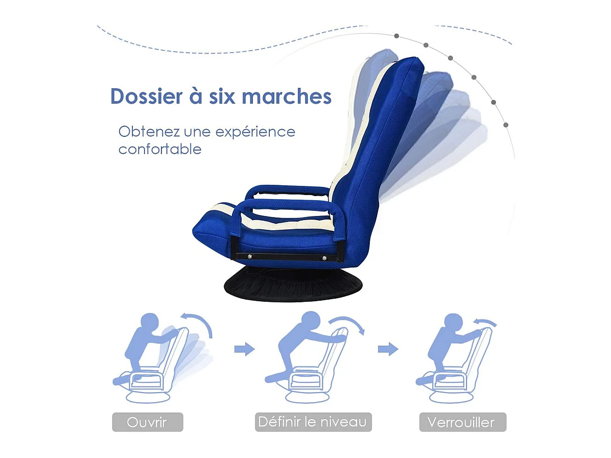 Chaise de Jeu Pivotante 360 Degrés, Chaise Pliante Ajustable en 6 Positions, Dossier Rembourré Confortable (Bleu)