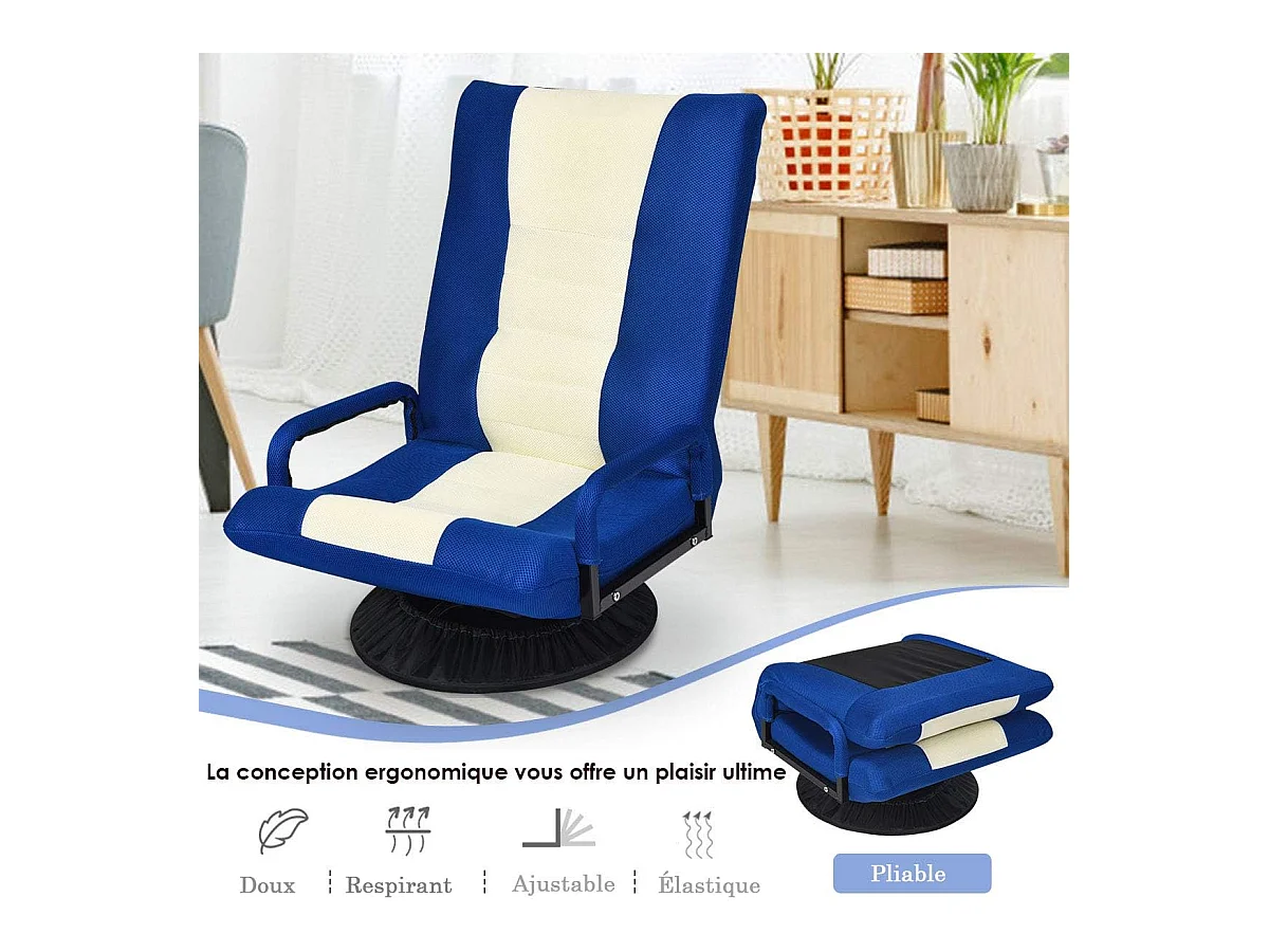 Chaise de Jeu Pivotante 360 Degrés, Chaise Pliante Ajustable en 6 Positions, Dossier Rembourré Confortable (Bleu)