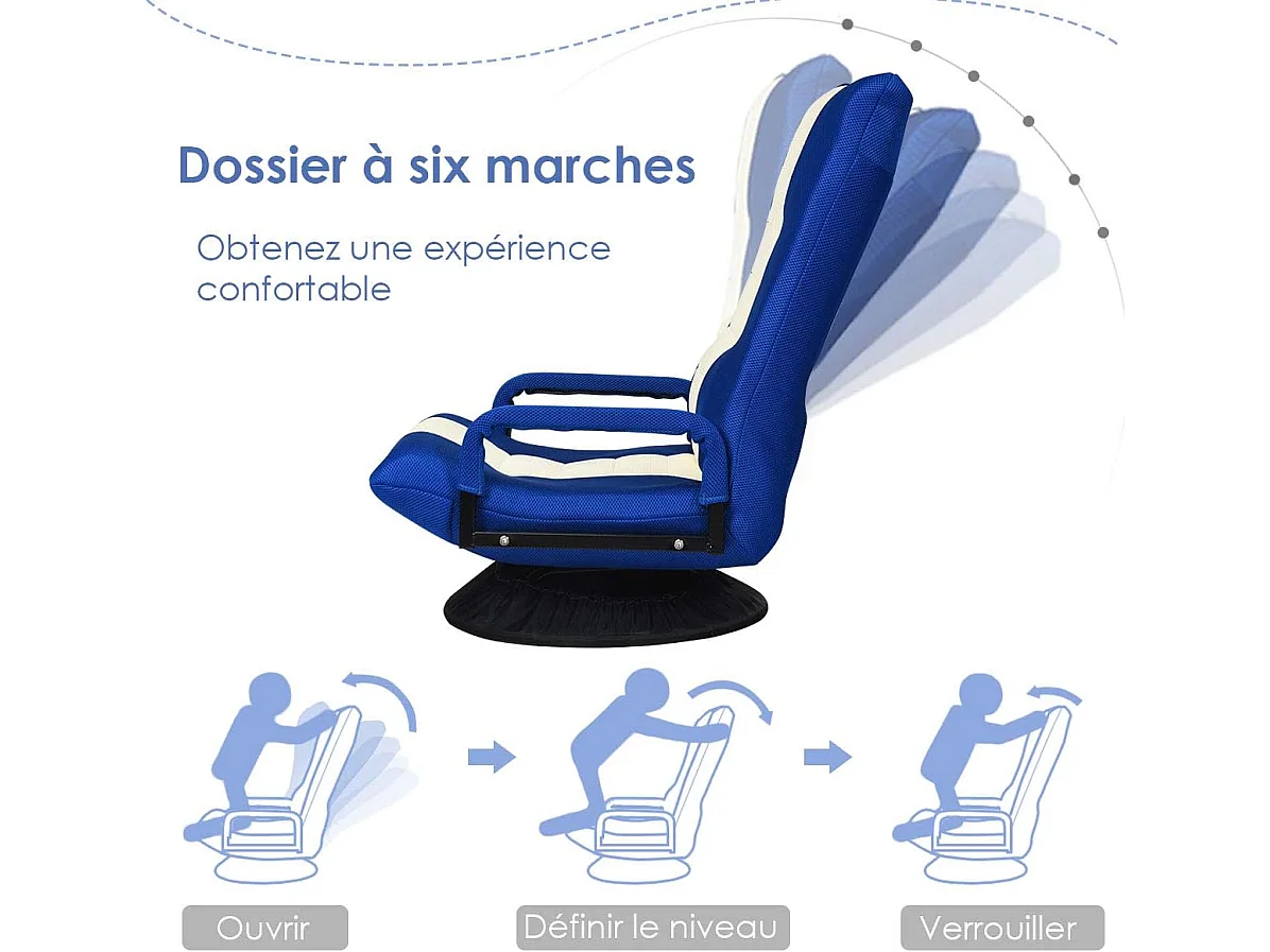 Chaise de Jeu Pivotante 360 Degrés, Chaise Pliante Ajustable en 6 Positions, Dossier Rembourré Confortable (Bleu)