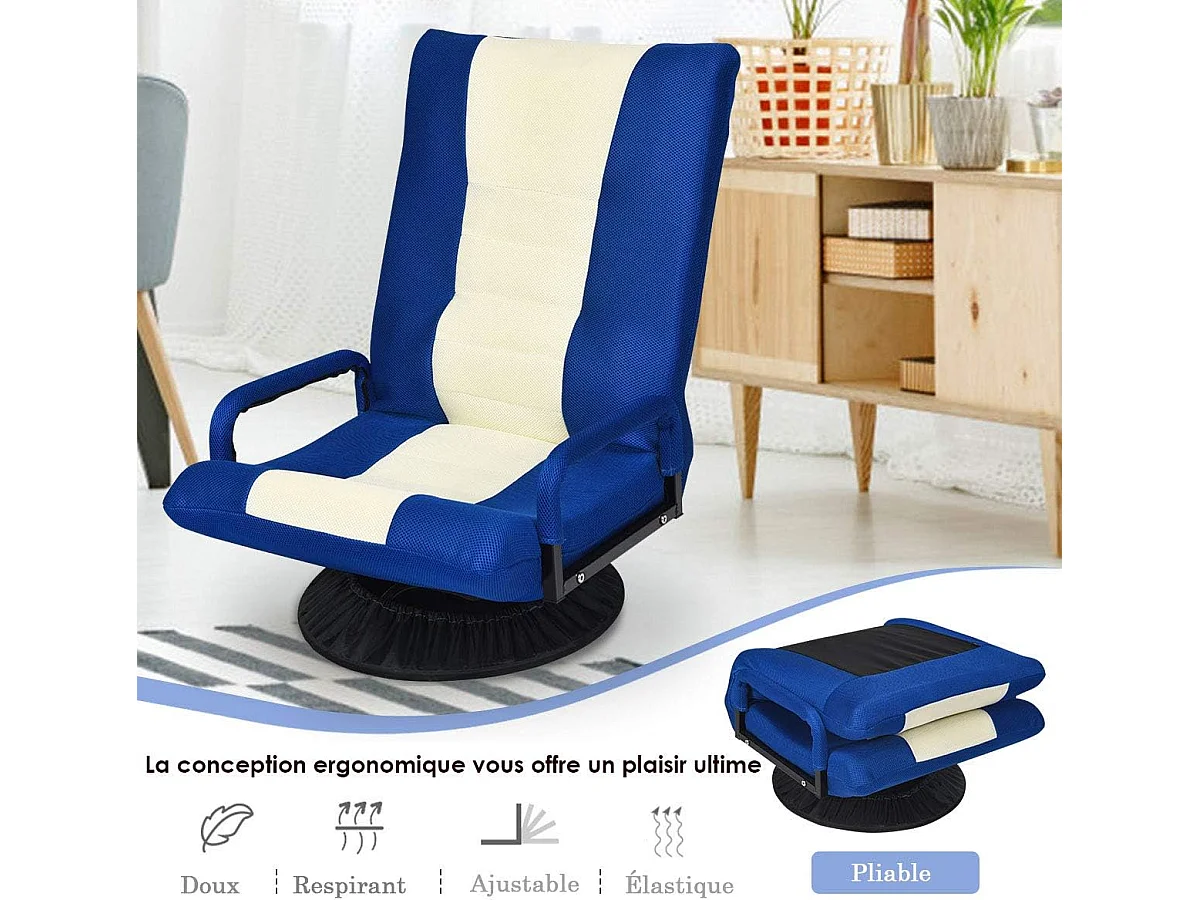 Chaise de Jeu Pivotante 360 Degrés, Chaise Pliante Ajustable en 6 Positions, Dossier Rembourré Confortable (Bleu)