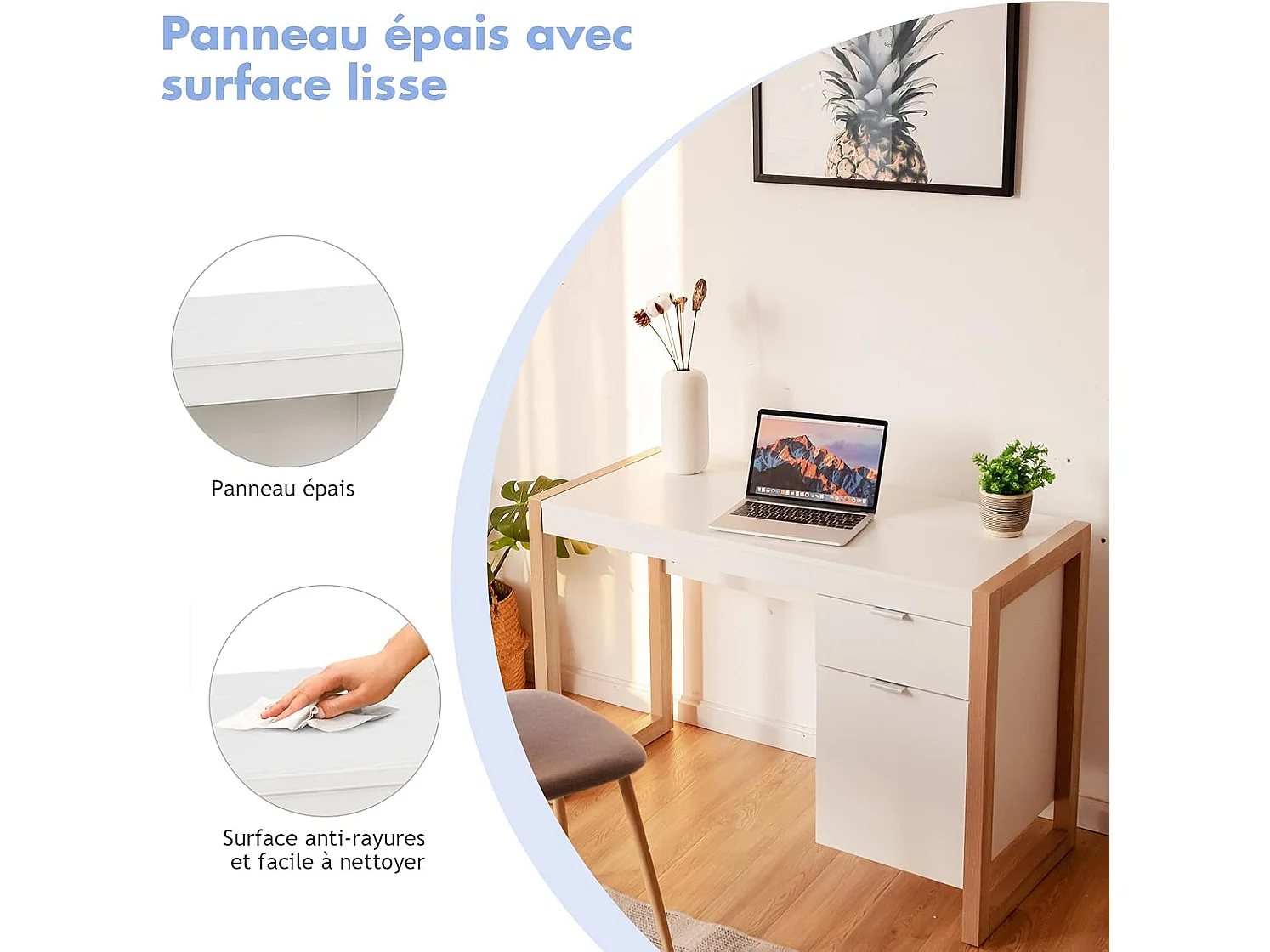 Bureau Informatique Style Moderne 112,5 x 50 x 75 CM, 2 Grands Tiroirs pour Rangements, Table d’Etude pour Chambre de Bureau à Domicile en MDF