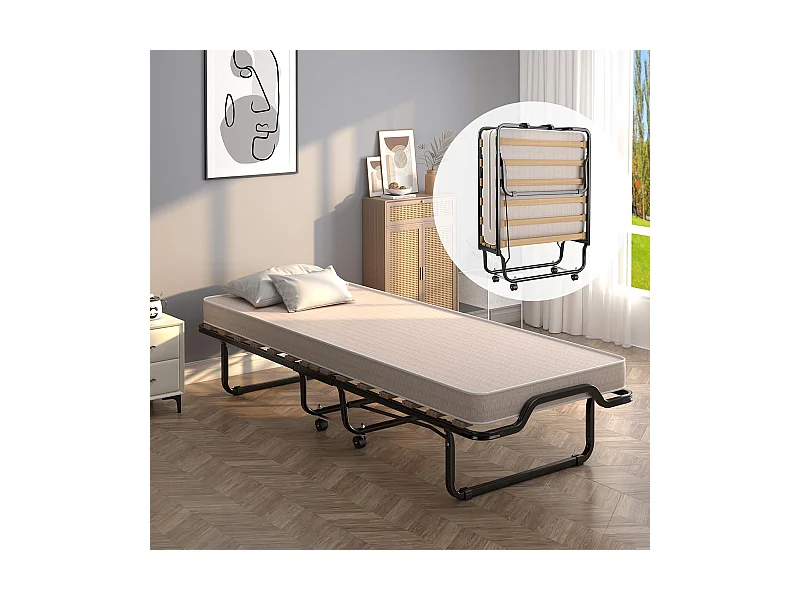 Lit Pliant 1 Personne Adulte 200x80CM (Fabriqué en Italie), avec Matelas en Mousse à Mémoire de Forme, Lit d’Apoint Pliable à 4 Roues et Sommier à 15 Lattes de Bois