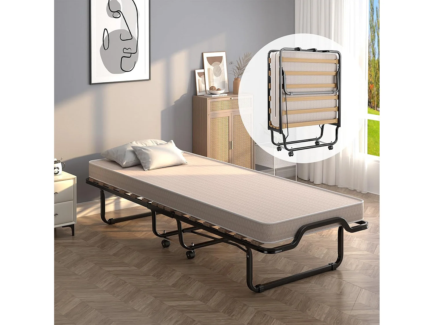 Lit Pliant 1 Personne Adulte 200x80CM (Fabriqué en Italie), avec Matelas en Mousse à Mémoire de Forme, Lit d’Apoint Pliable à 4 Roues et Sommier à 15 Lattes de Bois