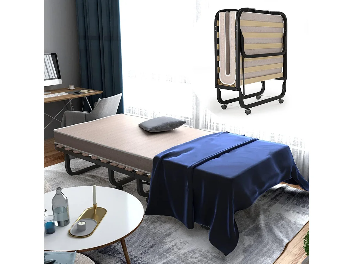 Lit Pliant 1 Personne Adulte 200x80CM (Fabriqué en Italie), avec Matelas en Mousse à Mémoire de Forme, Lit d’Apoint Pliable à 4 Roues et Sommier à 15 Lattes de Bois