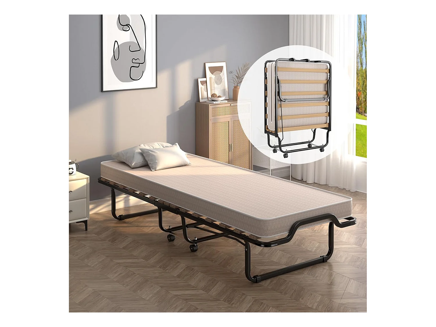 Lit Pliant 1 Personne Adulte 200x80CM (Fabriqué en Italie), avec Matelas en Mousse à Mémoire de Forme, Lit d’Apoint Pliable à 4 Roues et Sommier à 15 Lattes de Bois