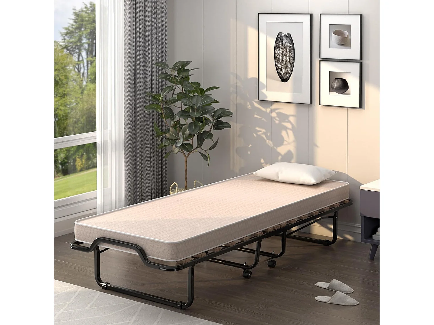 Opvouwbaar bed voor 1 persoon volwassene 200x80CM (gemaakt in Italië), met traagschuimmatras, opvouwbaar bed met 4 wielen en 15 houten lattenbodem