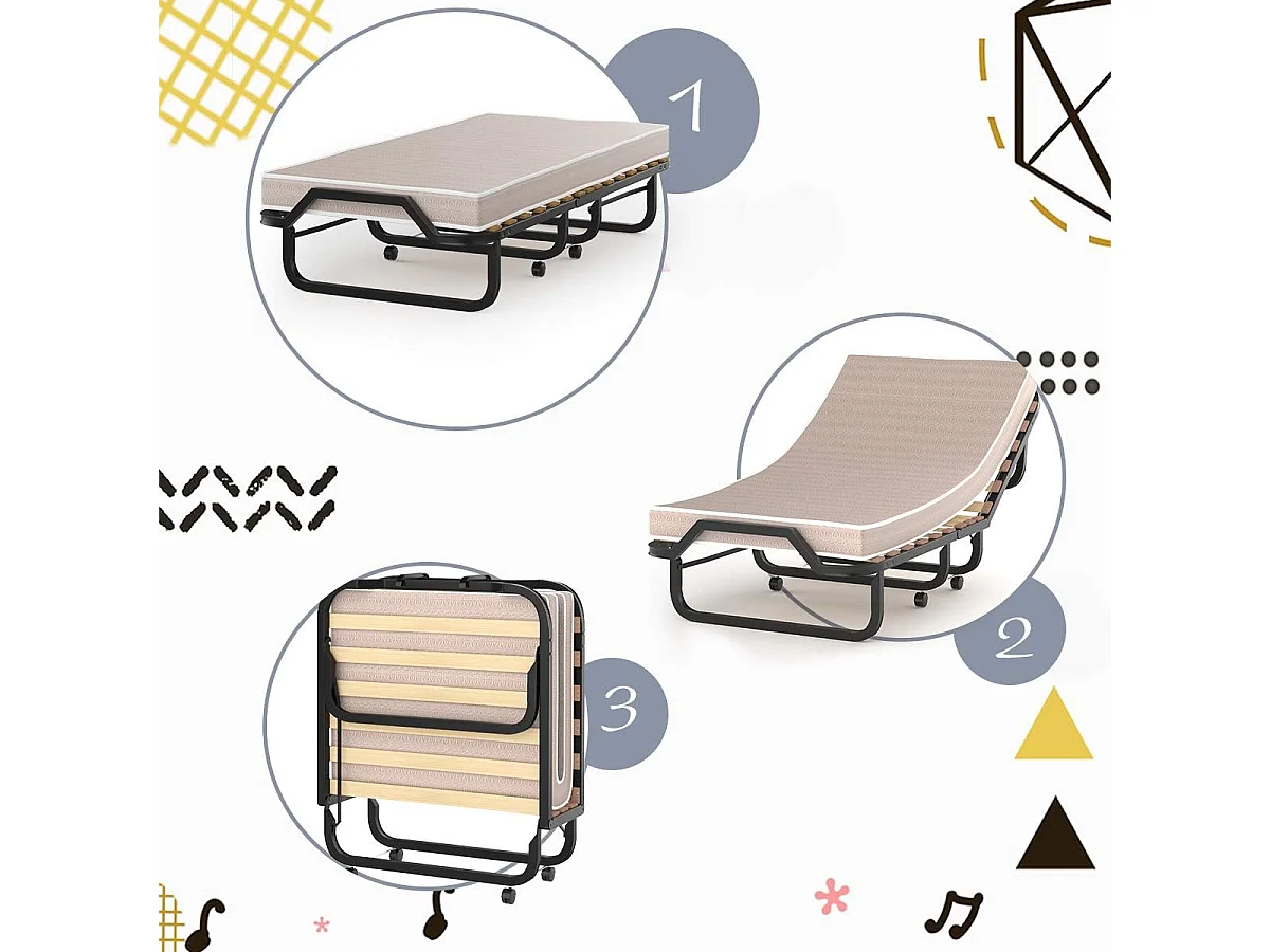 Opvouwbaar bed voor 1 persoon volwassene 200x80CM (gemaakt in Italië), met traagschuimmatras, opvouwbaar bed met 4 wielen en 15 houten lattenbodem