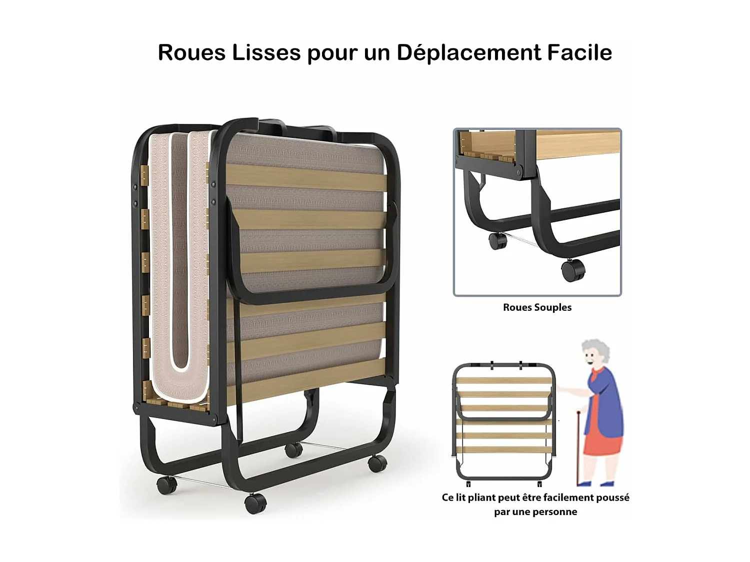 Opvouwbaar bed voor 1 persoon volwassene 200x80CM (gemaakt in Italië), met traagschuimmatras, opvouwbaar bed met 4 wielen en 15 houten lattenbodem